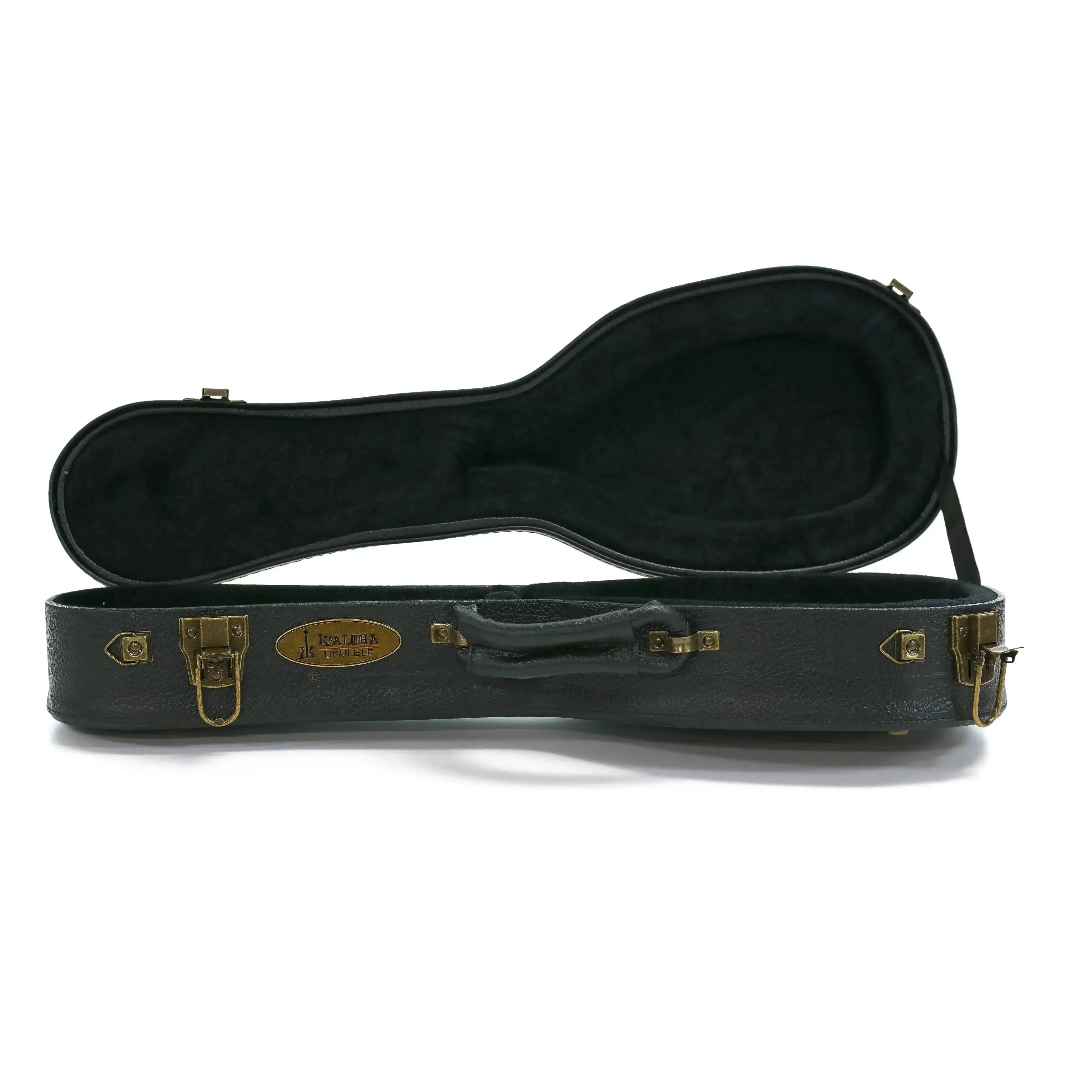 KoAloha black tolex hardshell soprano pineapple longneck ukulele case, open with plush interior and brass latches.
