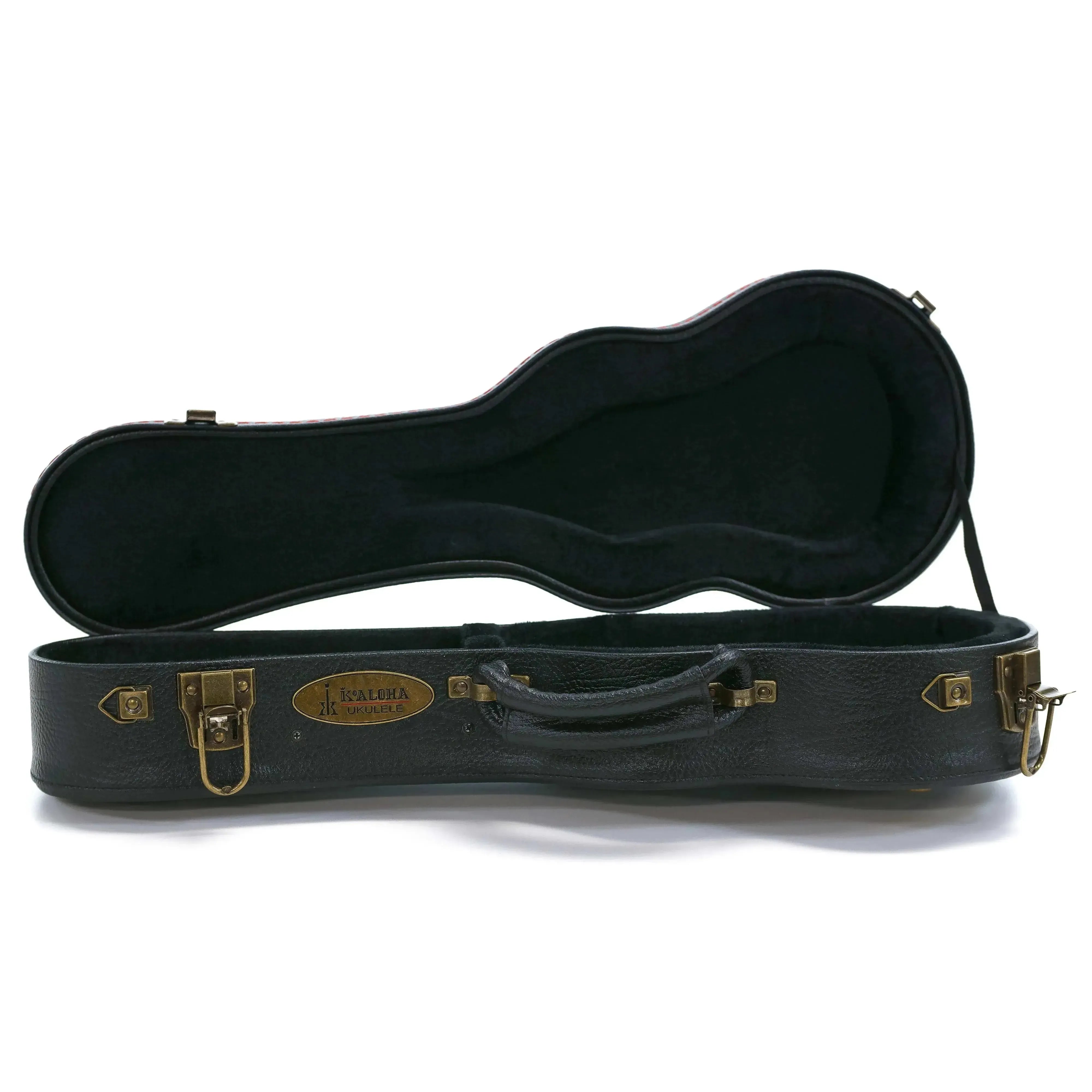 KoAloha black tolex wood archtop soprano ukulele hardshell case with vintage aged brass latches and plush interior.