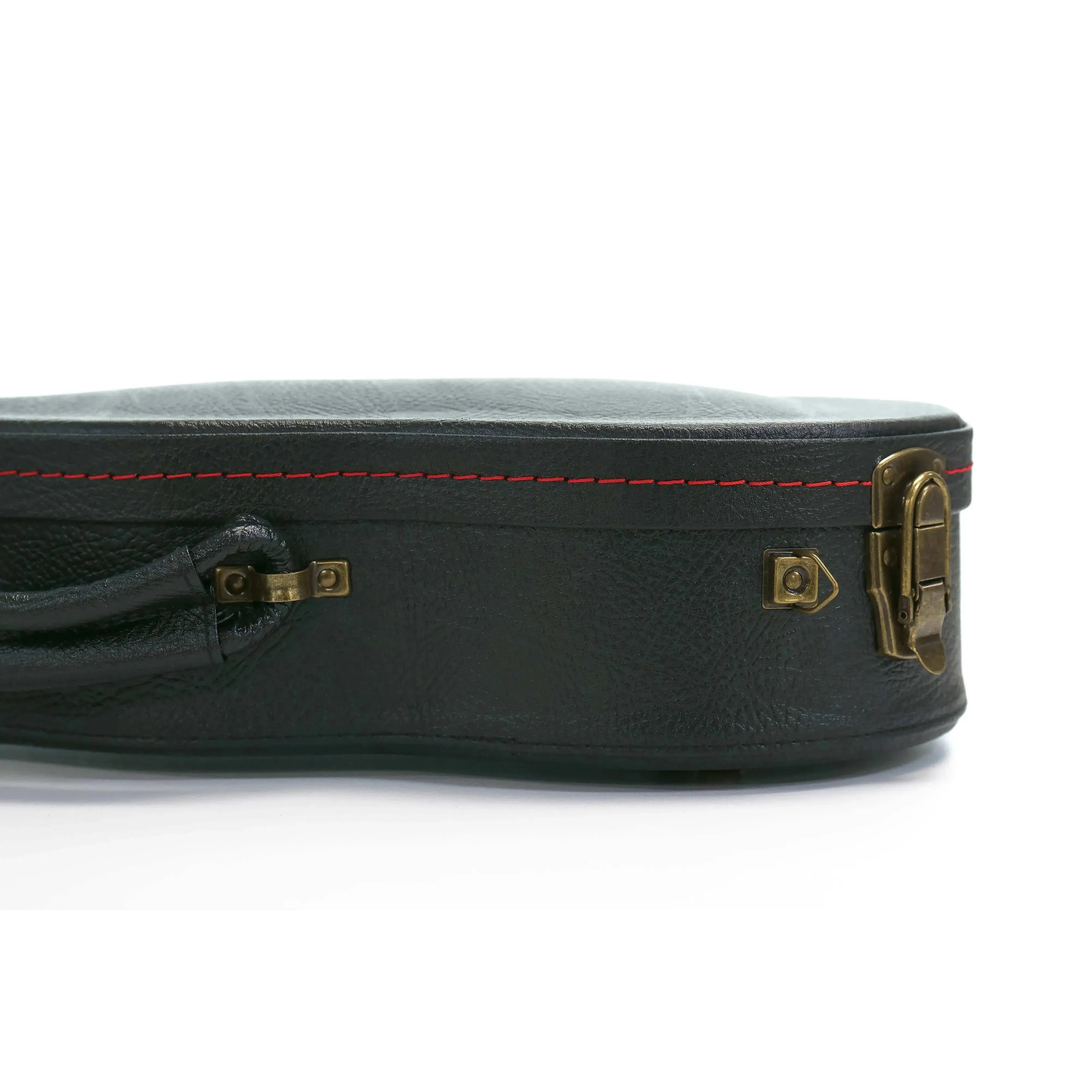 KoAloha black tolex tenor ukulele hardshell case with vintage brass latches and red stitching.