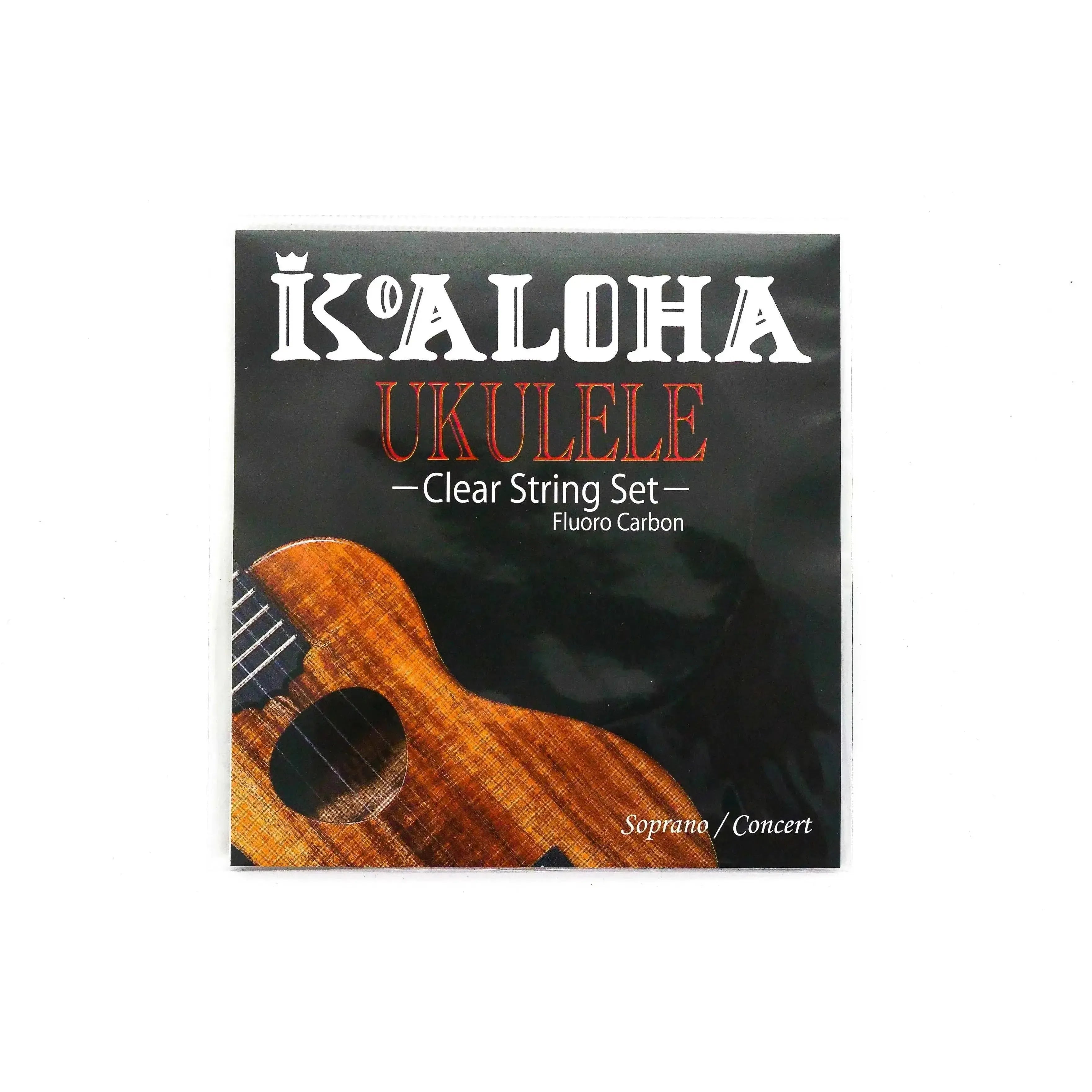 KoAloha Clear Fluorocarbon Soprano/Concert Ukulele Strings packaging with ukulele body graphic.