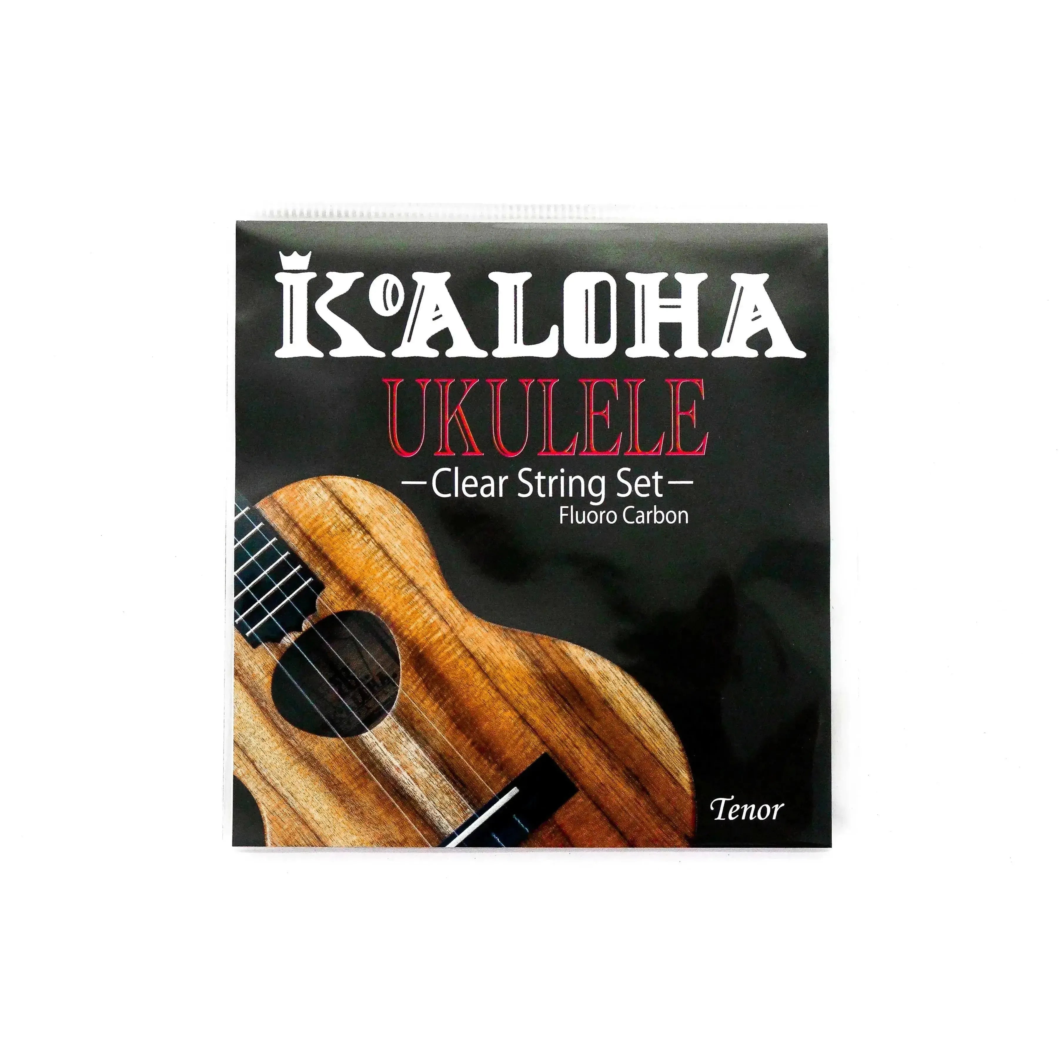 KoAloha Clear Fluorocarbon Tenor Ukulele Strings, Low G, in black and white packaging with ukulele graphic.