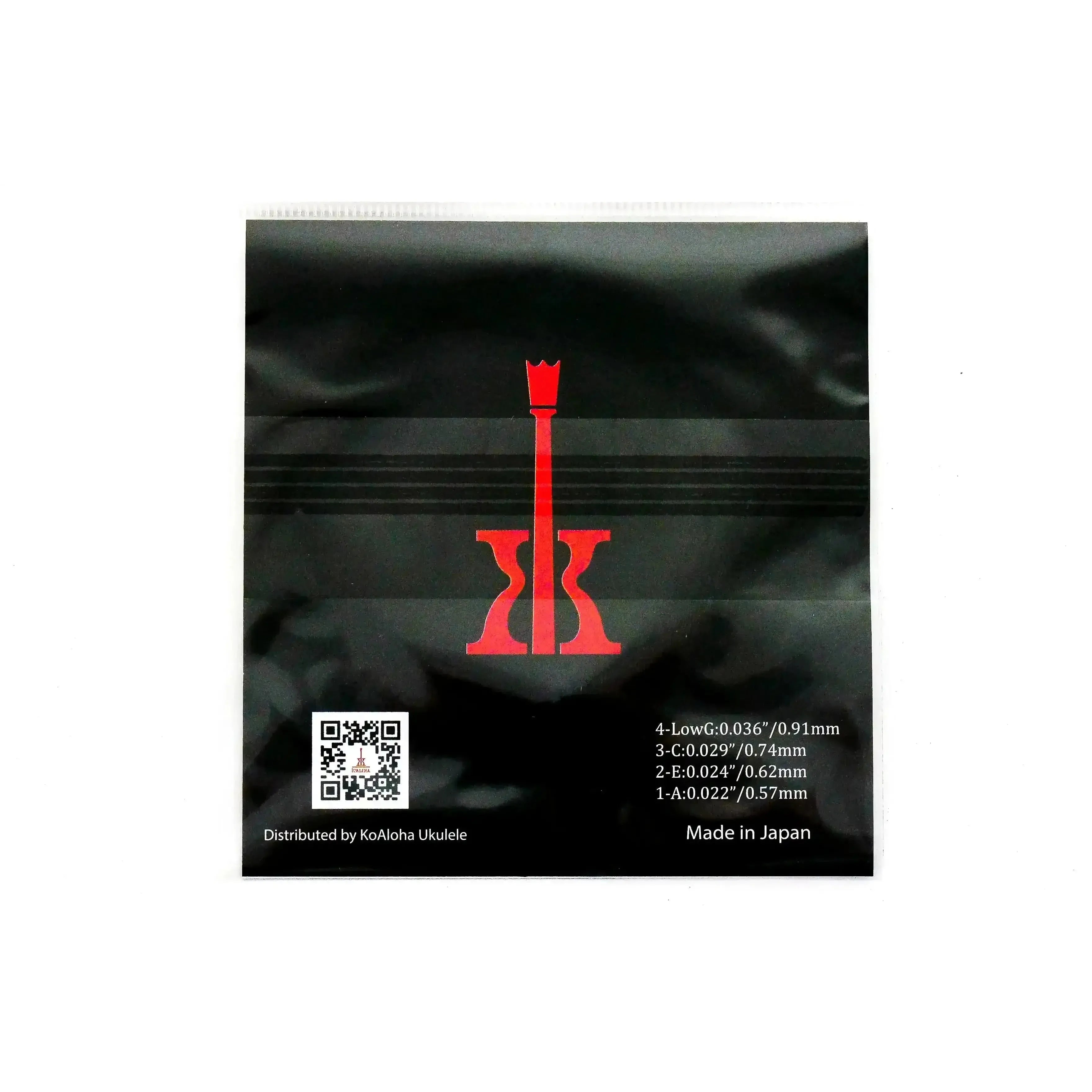 KoAloha clear fluorocarbon tenor ukulele strings, low G, in black packaging with red logo and specifications.