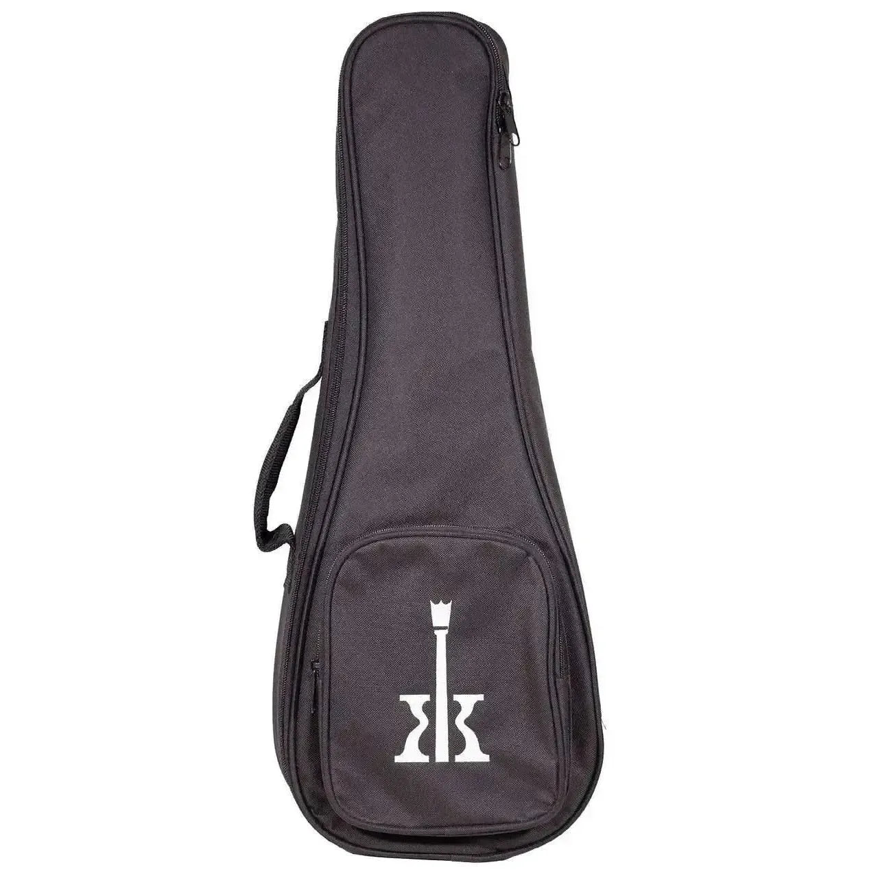 KoAloha KoAlana black concert ukulele gig bag with white embroidered logo and front pocket.