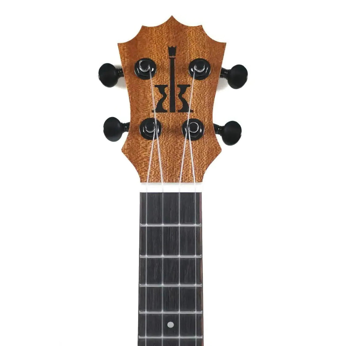 Headstock front of a KoAloha KoAlana KCA-10SP concert ukulele with the 5-point crown shape and KoAloha logo.