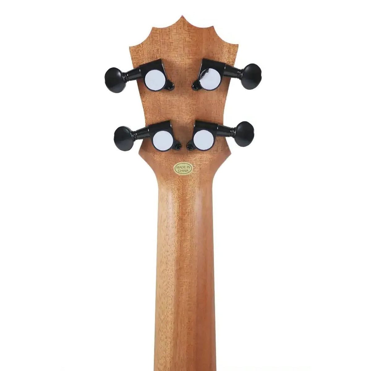 Headstock back of the KoAloha KoAlana KCA-10SP Sapele Concert Ukulele with a Made in China label between the tuners