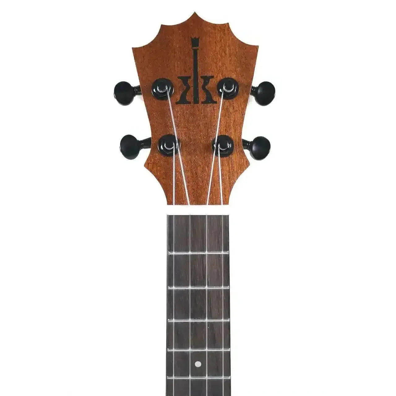 KoAloha KoAlana KTA-10SP Sapele Tenor Ukulele headstock with 5-point crown, black tuners, and dark fretboard.