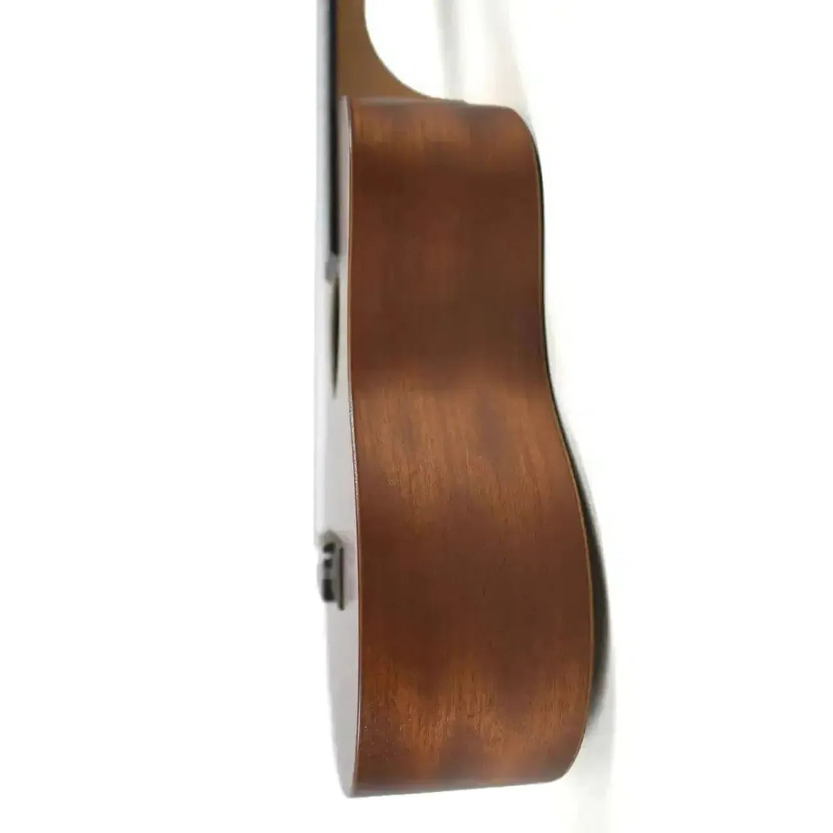 Side view of the KoAloha KoAlana KTA-10SP Sapele Tenor Ukulele standing upright showing body depth
