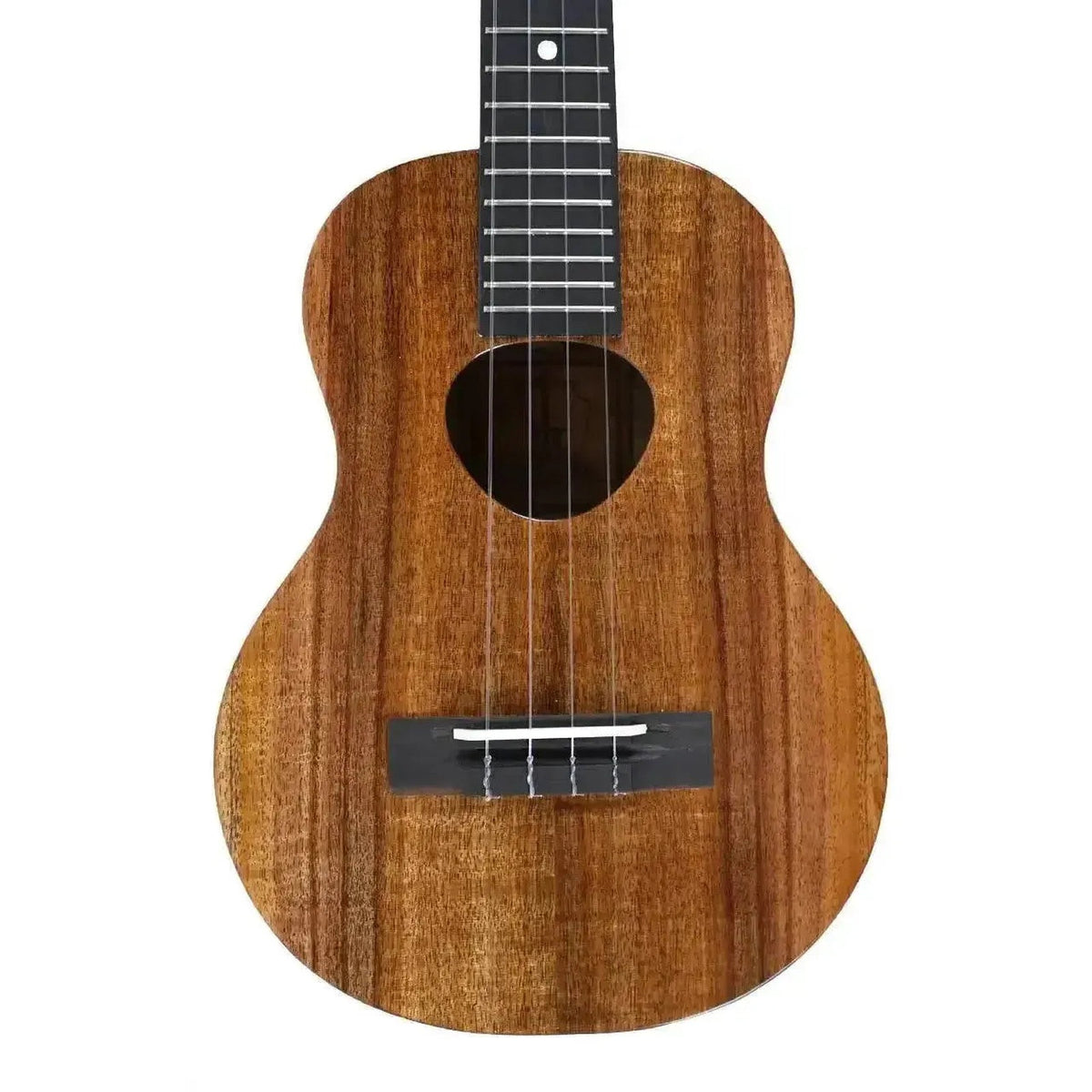 Example photo: KoAloha KTM-00 gloss tenor ukulele, front of the solid Hawaiian koa body with the Musubi soundhole, bridge and the lower frets of the fretboard (an earlier KTM-00; the wood grain on yours will differ)