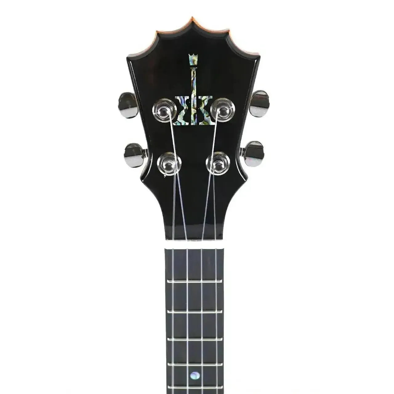 KoAloha KTM-00 tenor ukulele headstock with abalone logo, black finish, and geared tuners.