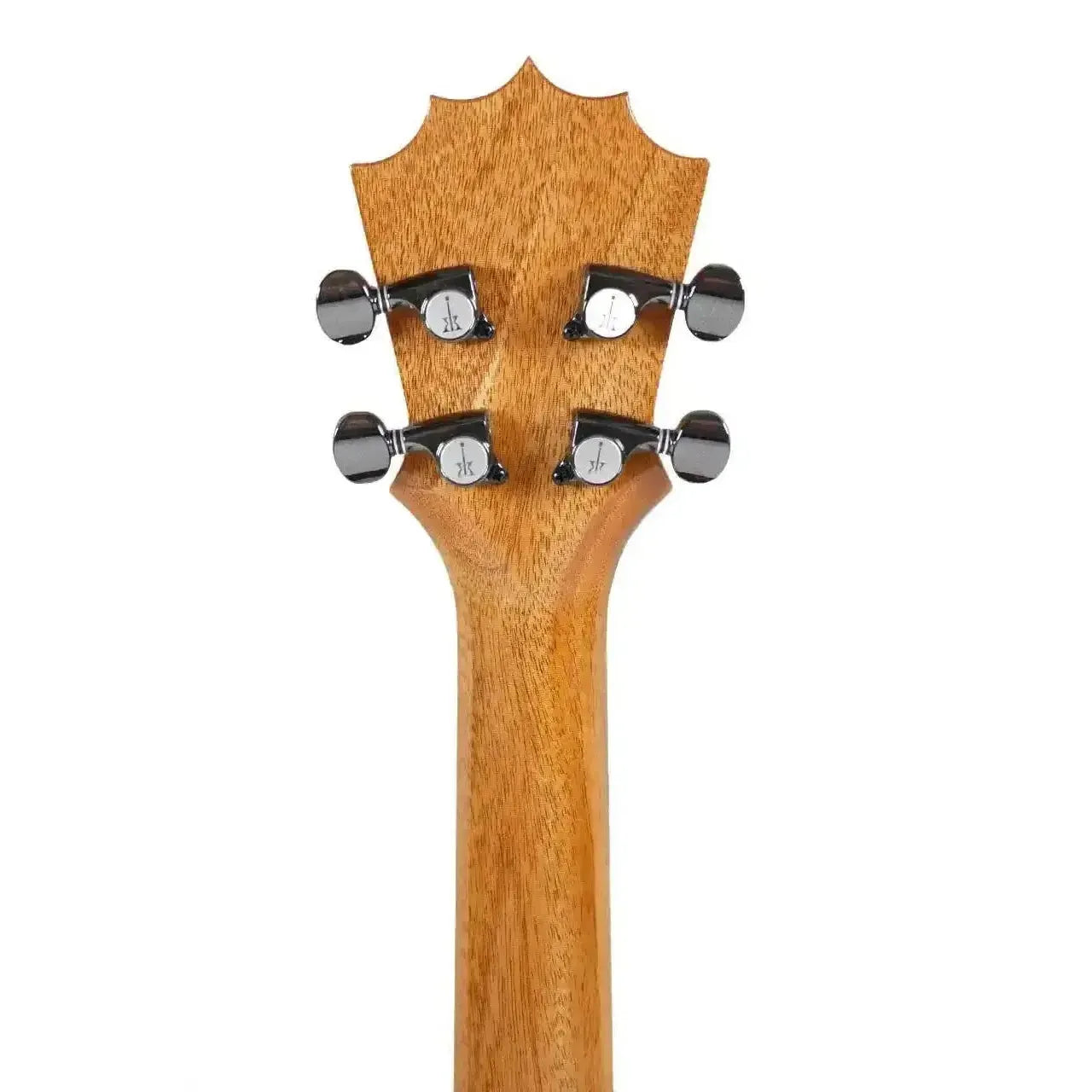 Back of KoAloha KTM-00 tenor ukulele headstock and neck, showing koa wood and geared tuners.