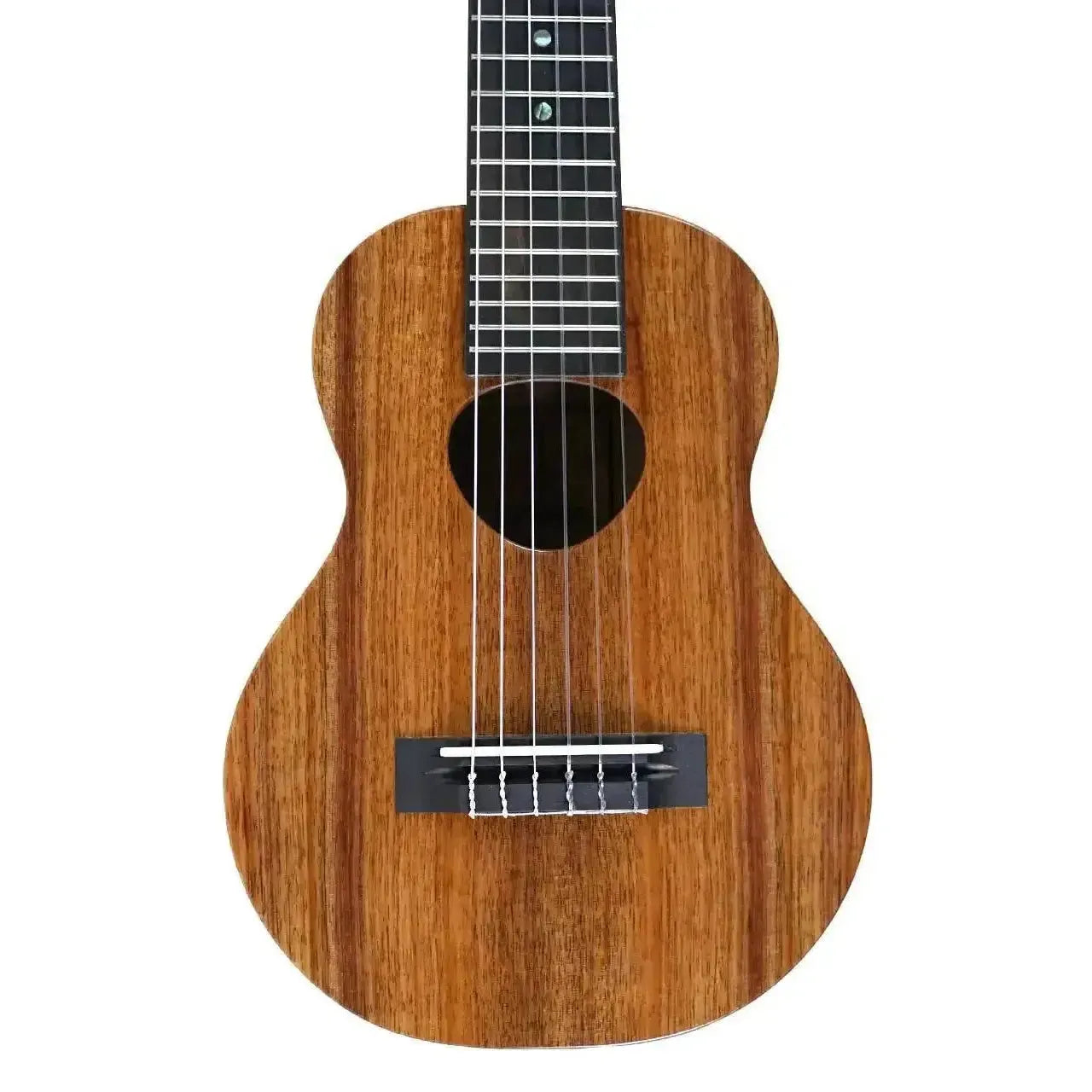 KoAloha KTM-00D6 Gloss Solid Hawaiian Koa 6-String Guilele with dark fretboard and soundhole.