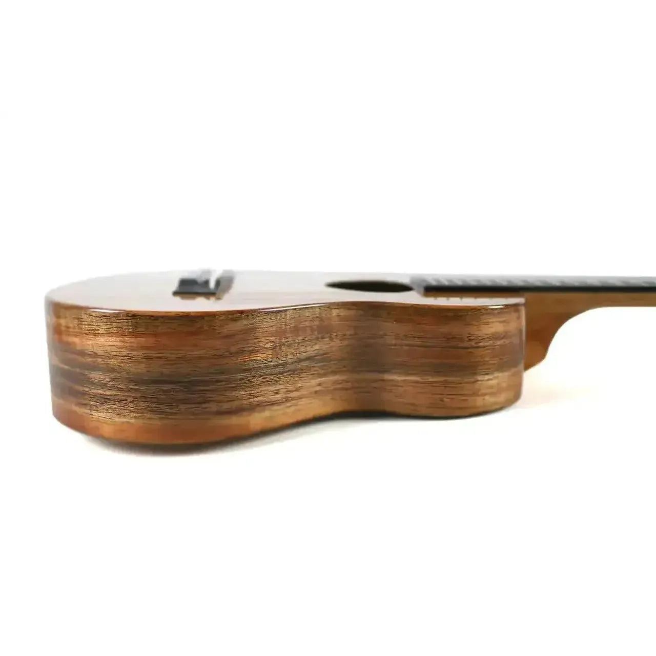 KoAloha KTM-00D6 Gloss Solid Hawaiian Koa 6-String Guilele, side view showing wood grain.