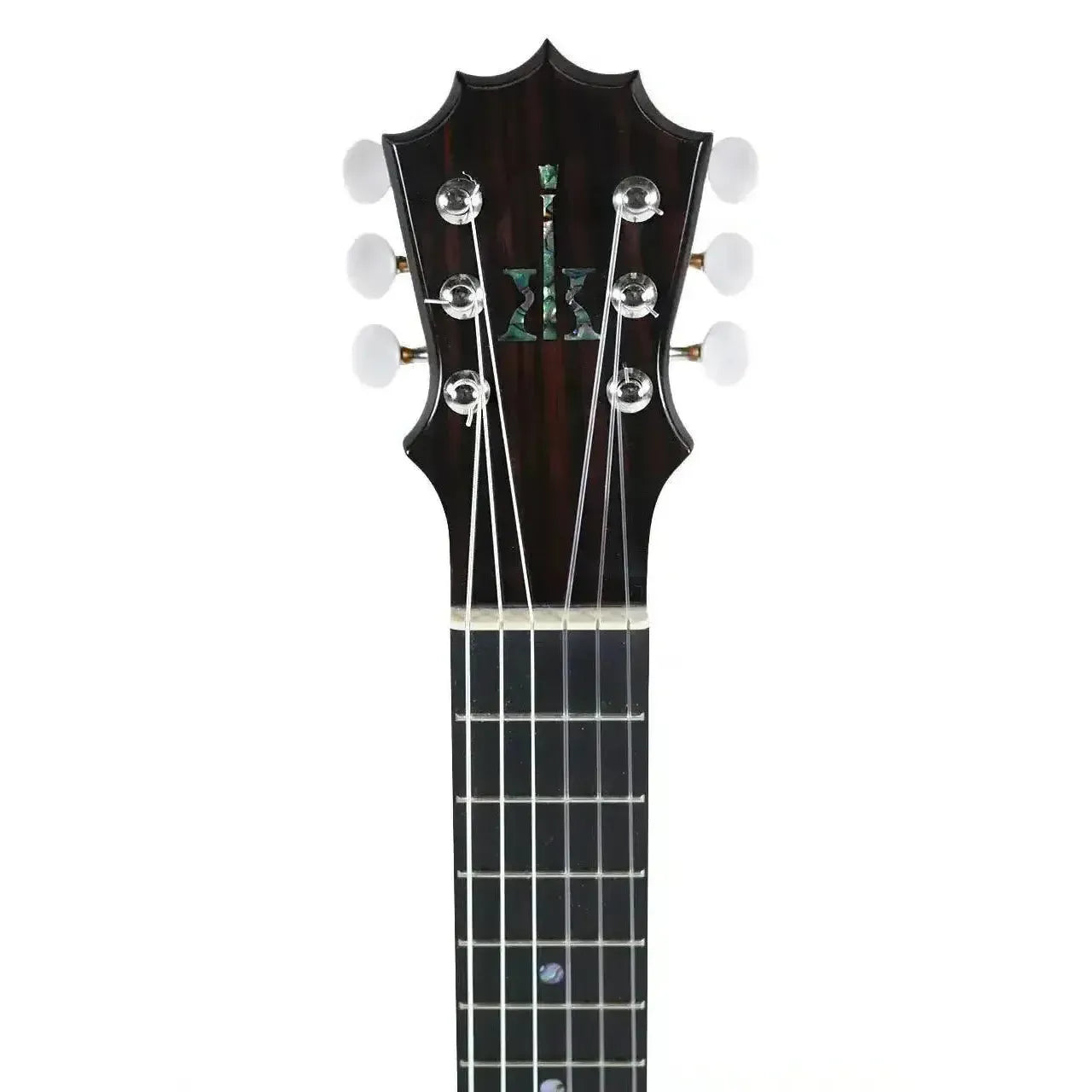 KoAloha KTM-00D6 Guilele headstock with dark wood, abalone inlay, and white tuners.
