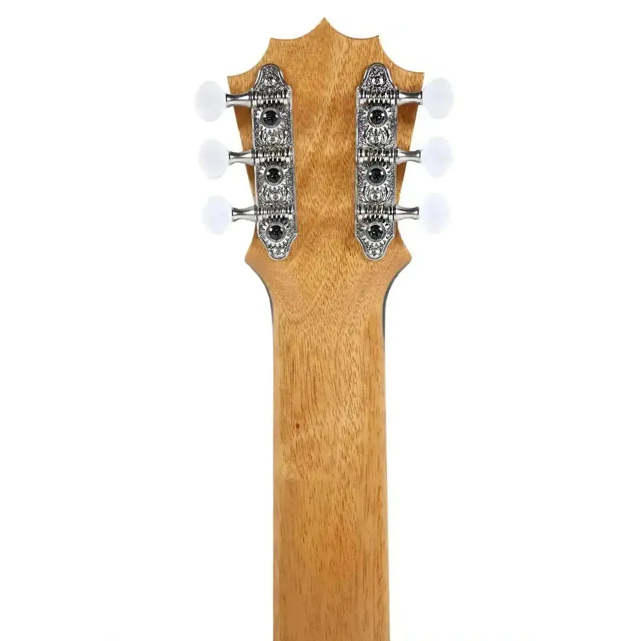 KoAloha KTM-00D6 guilele headstock and neck, showing koa wood and white tuning pegs.