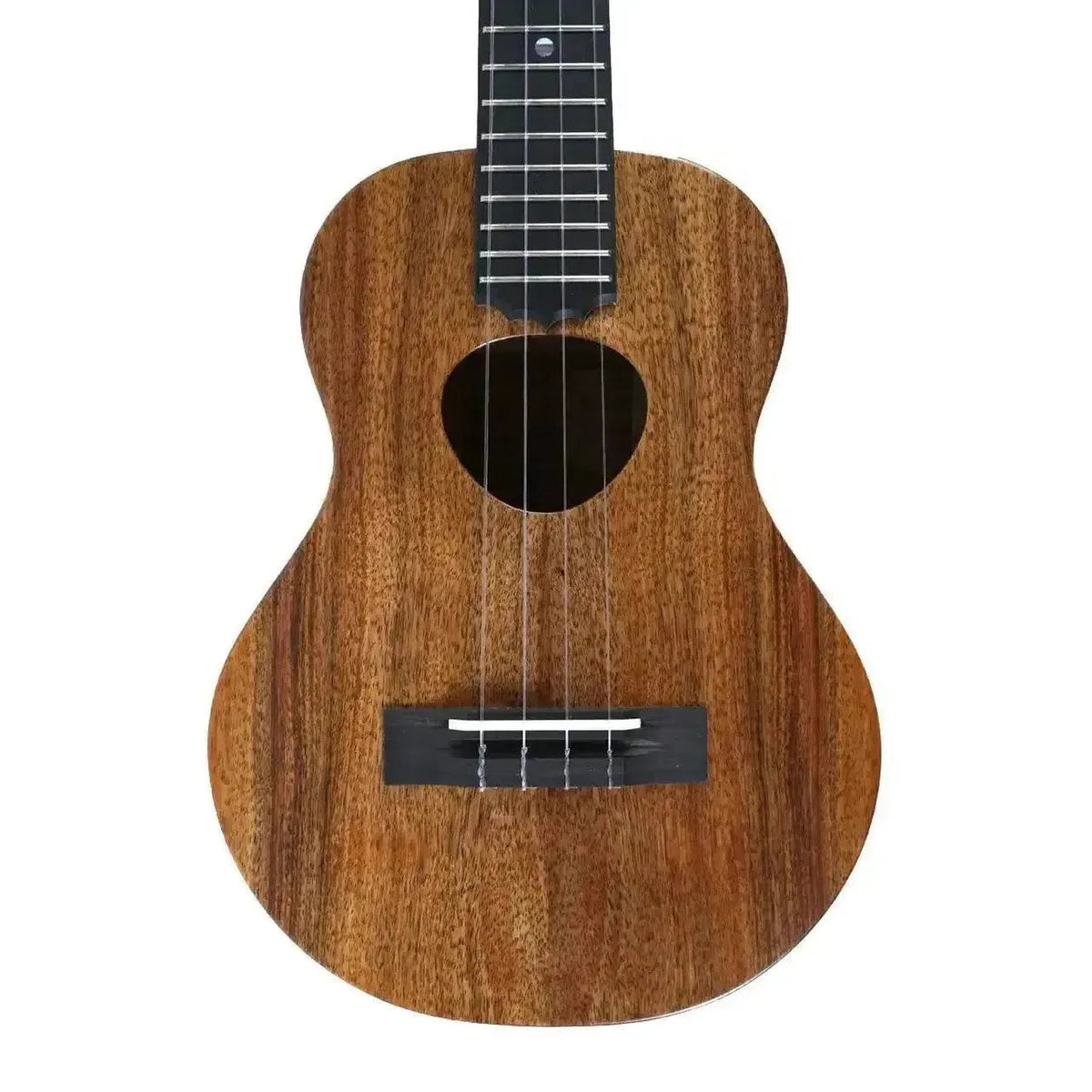 Example photo: KoAloha KTM-10 Pikake tenor ukulele, front of the solid Hawaiian koa body with the Musubi soundhole, bridge and the lower frets of the fretboard (an earlier KTM-10; the wood grain on yours will differ)