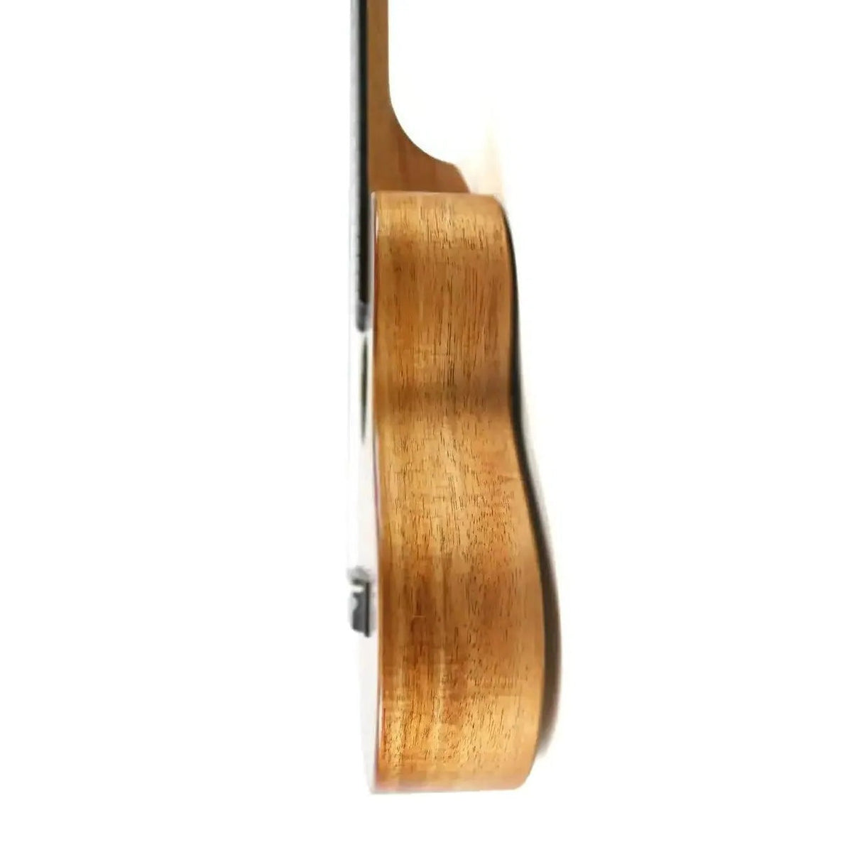 Side view of the KoAloha KTM-10D6 Satin 6-String Guilele body showing solid koa sidewall grain