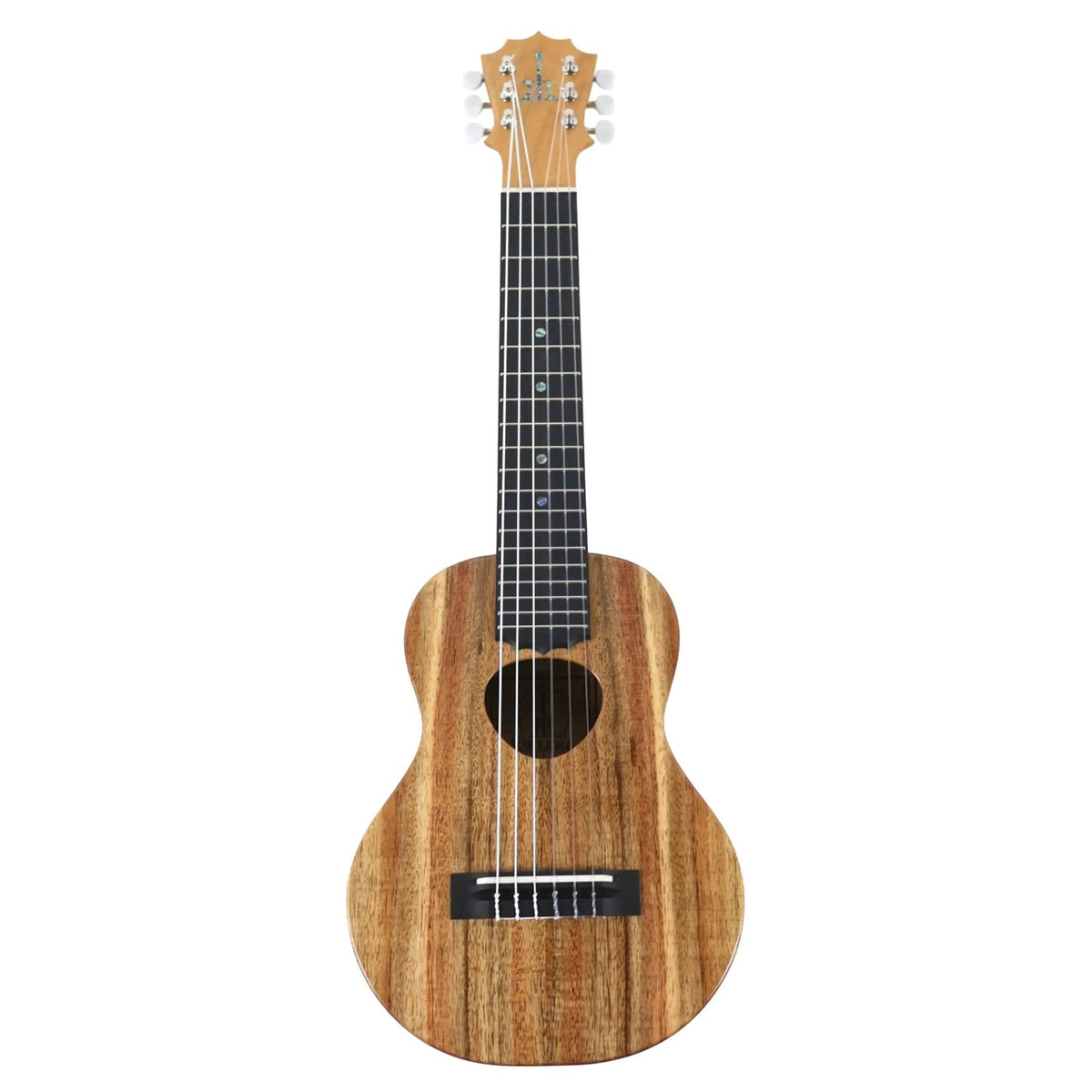 Full front view of the KoAloha KTM-10D6 Satin Solid Hawaiian Koa 6-String Guilele standing upright with ebony fretboard and abalone fret markers