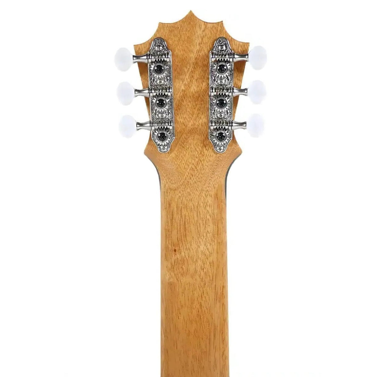Back of the KoAloha KTM-10D6 Satin 6-String Guilele headstock and neck showing koa-colored wood and inline tuning machines