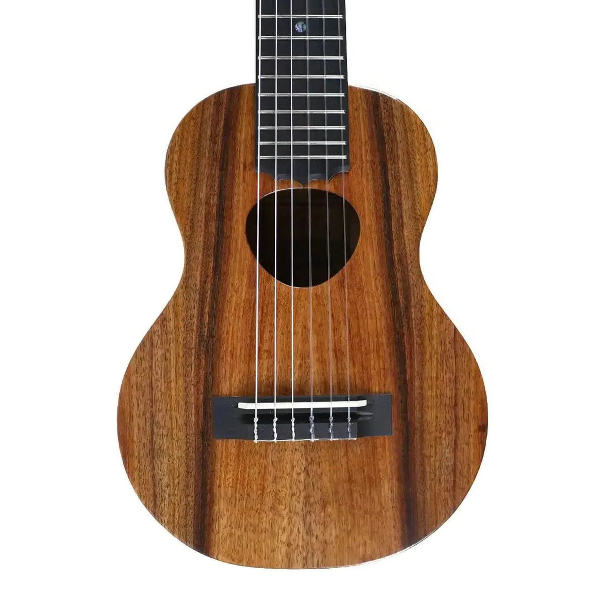 Example photo: KoAloha KTM-10D6 satin 6-string guilele, front of the solid Hawaiian koa body with the Musubi soundhole, bridge and the lower frets of the fretboard (an earlier KTM-10D6; the wood grain on yours will differ)