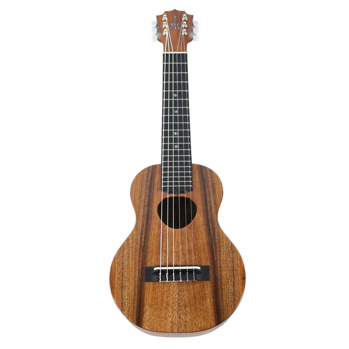 Example photo: KoAloha KTM-10D6 satin 6-string guilele, full front view from headstock to the solid Hawaiian koa body (an earlier KTM-10D6; the wood grain on yours will differ)