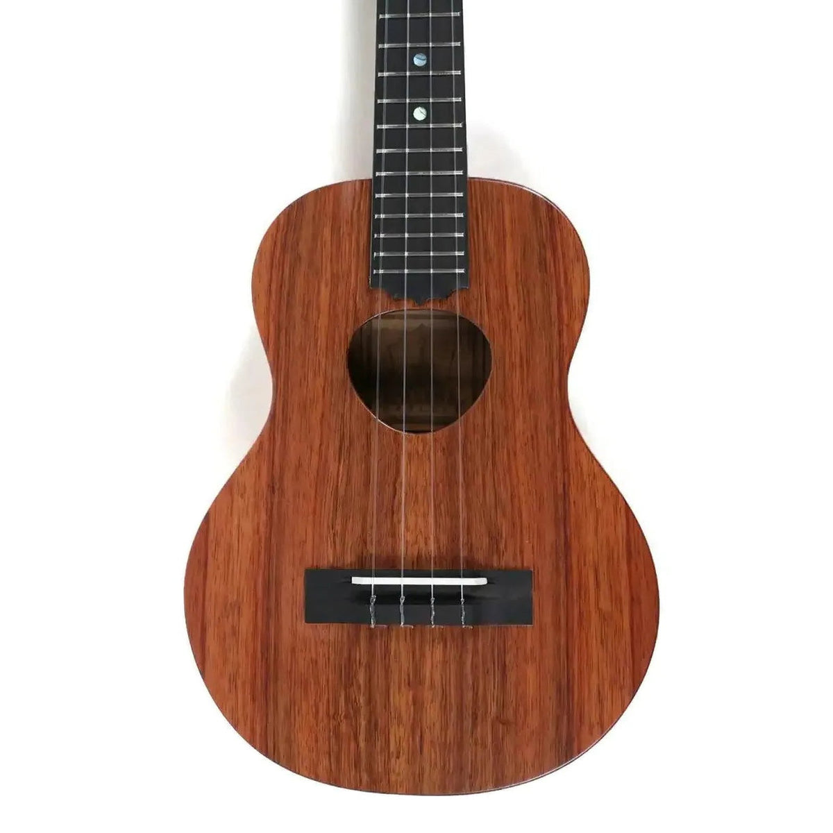 Example photo: KoAloha KTM-S10 Slimline satin tenor ukulele, front of the solid Hawaiian koa body with the Musubi soundhole, bridge and the lower frets of the fretboard (an earlier KTM-S10; the wood grain on yours will differ)