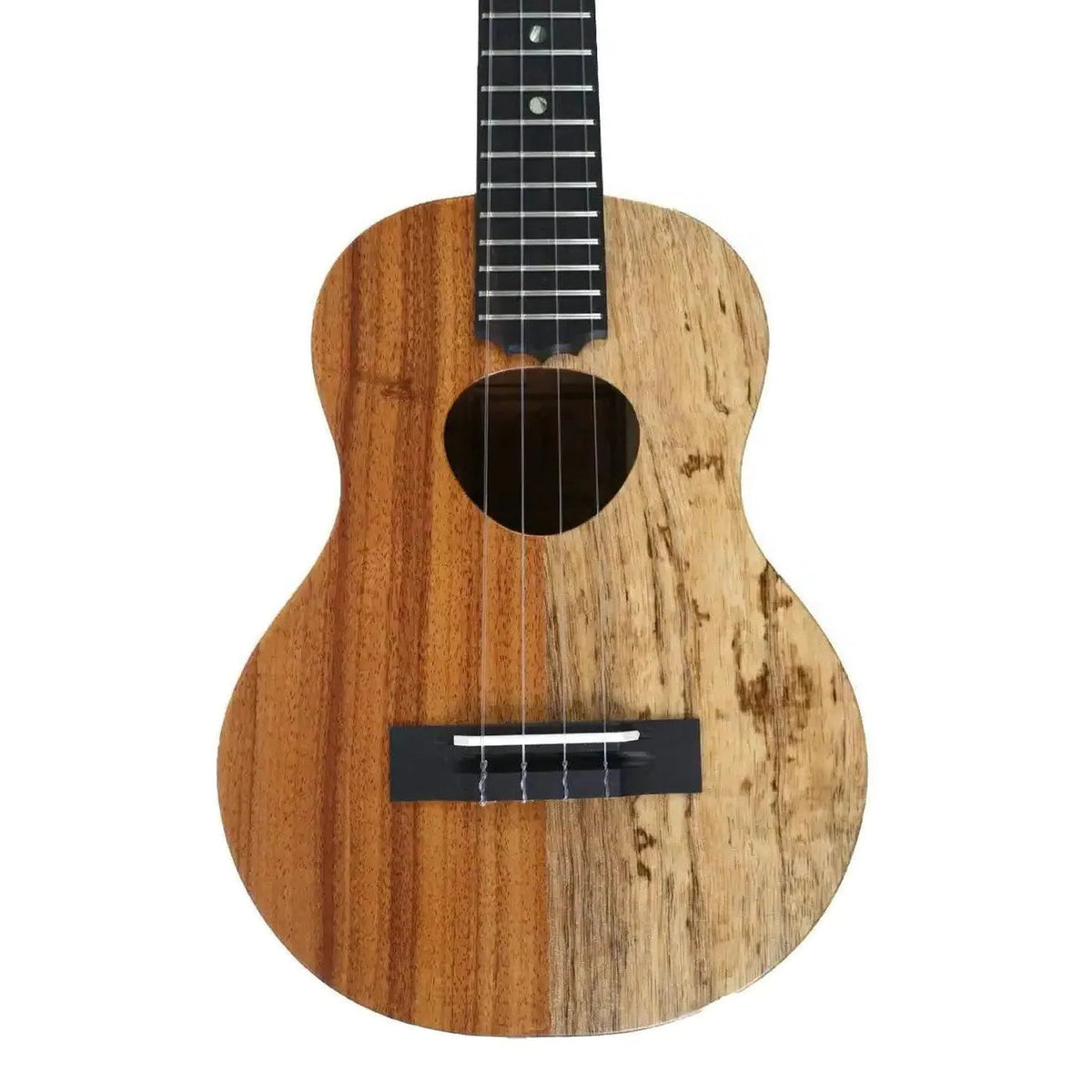 Example photo: KoAloha KTNP-10 Naupaka satin tenor ukulele, front of the half solid Hawaiian koa and half solid mango body with the Musubi soundhole, bridge and the lower frets of the fretboard (an earlier KTNP-10; the wood grain on yours will differ)