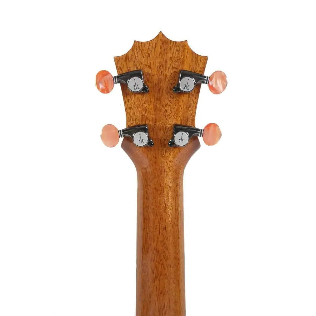 Example photo: headstock back of a KoAloha solid mango concert, showing the orange-tipped geared tuners and neck (the same tuners as a satin KSM-12)