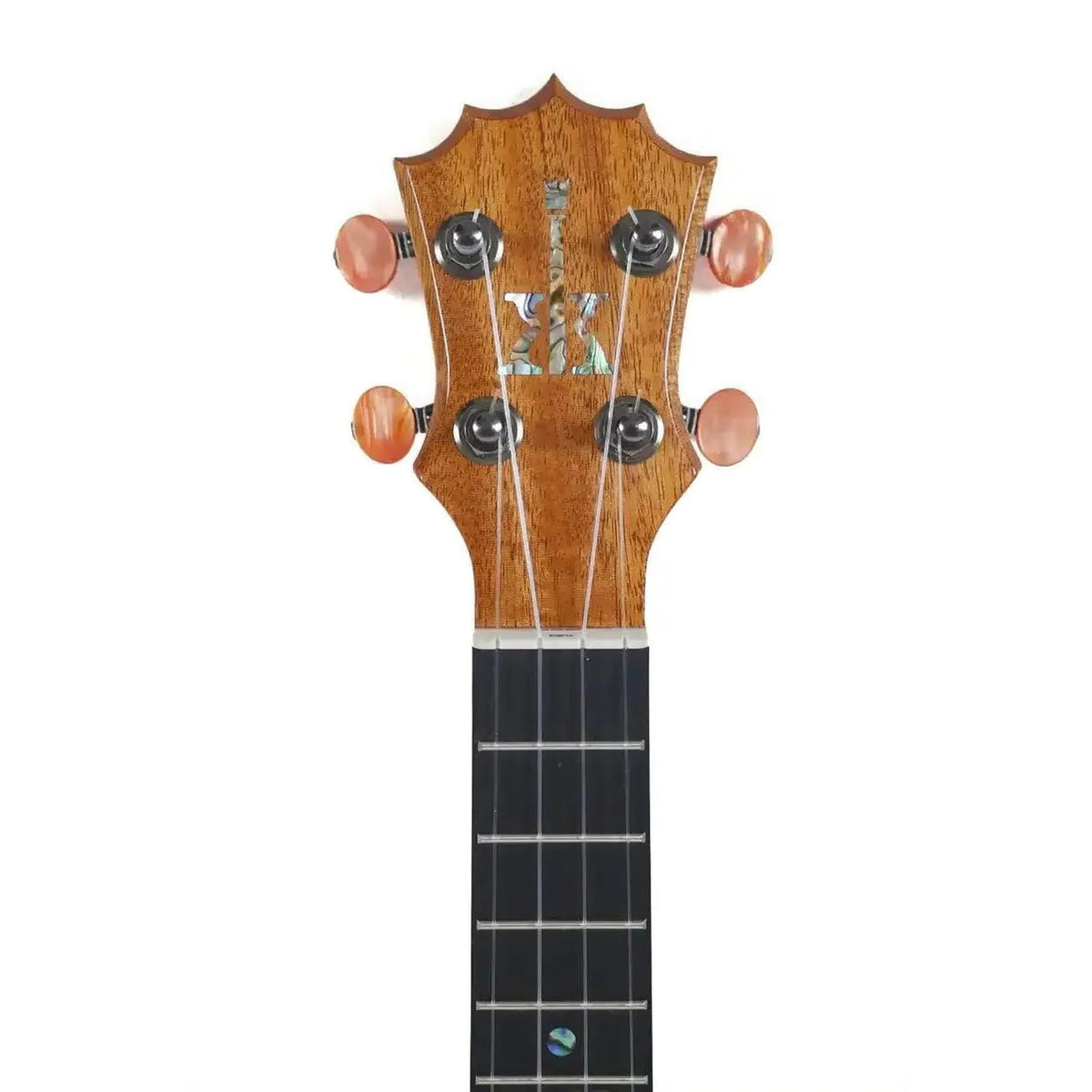 Example photo: headstock front of a KoAloha solid mango concert, light koa head plate with the 5-pointed crown, abalone logo and orange-tipped tuners (the same light koa head plate and orange-tipped tuners as a satin KSM-11)