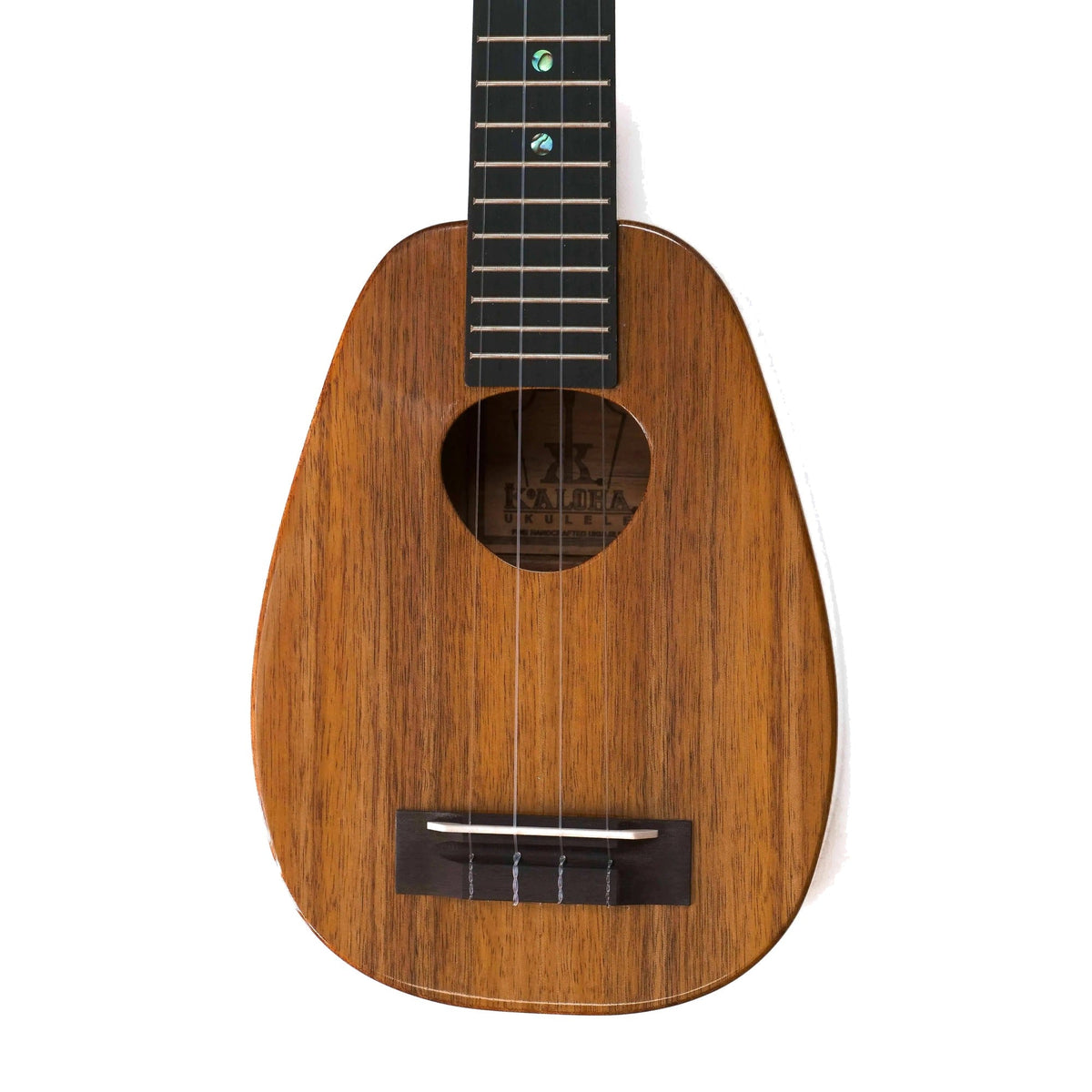 Example photo: body front of a KoAloha KSM-03 limited edition (gloss, shown as an example for the satin KSM-13) gloss solid koa pineapple soprano, showing the pineapple-shaped koa top, Musubi soundhole and ebony bridge
