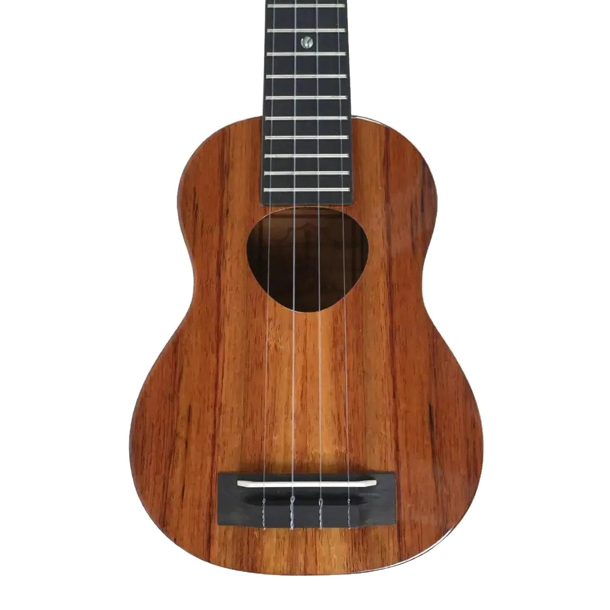Example photo: body front of a KoAloha KSM-T2 gloss solid koa soprano, shown as an example for the KSM-02, showing the koa top, Musubi soundhole and ebony bridge