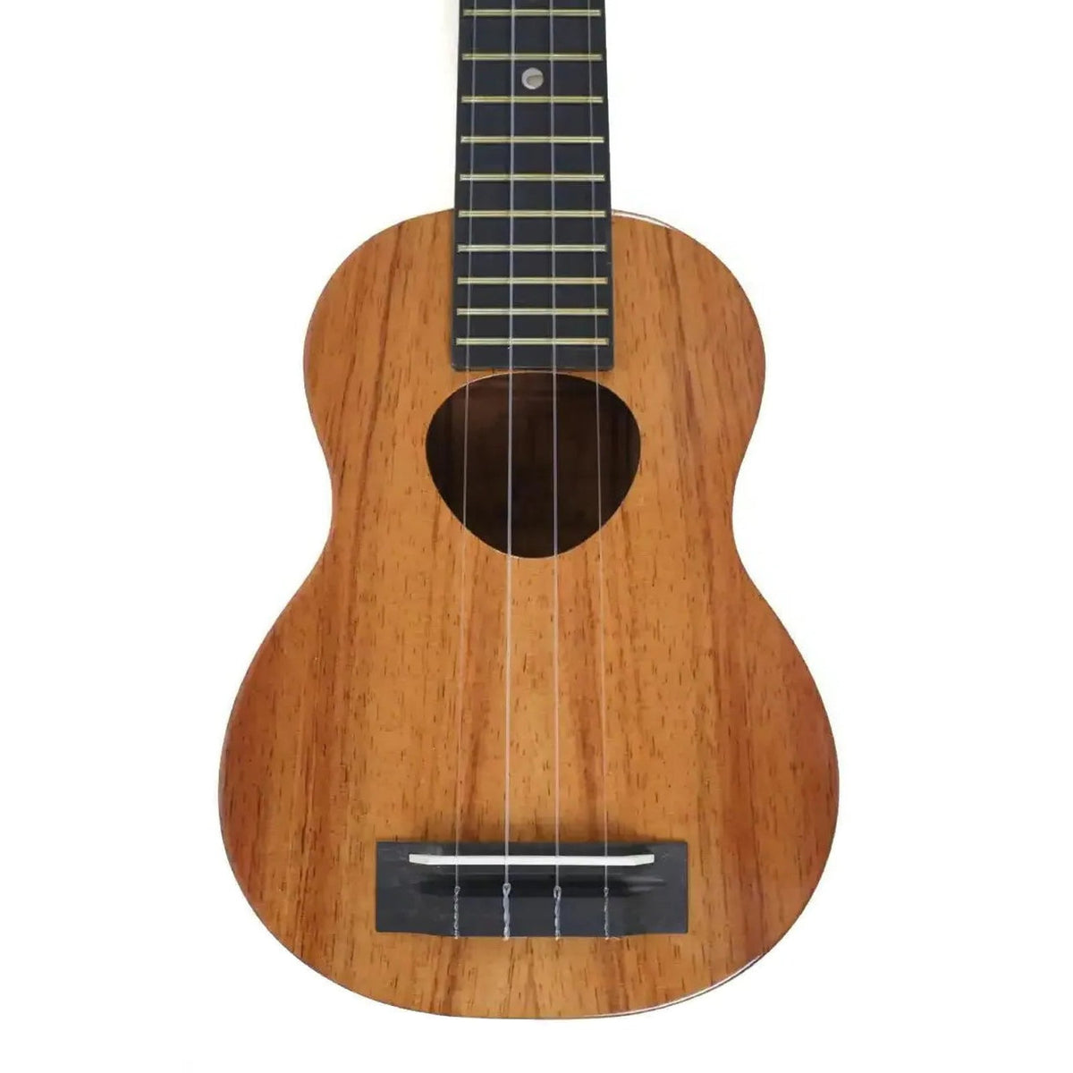 Body front of a KoAloha solid koa soprano ukulele (representative photo), showing the soundhole and bridge