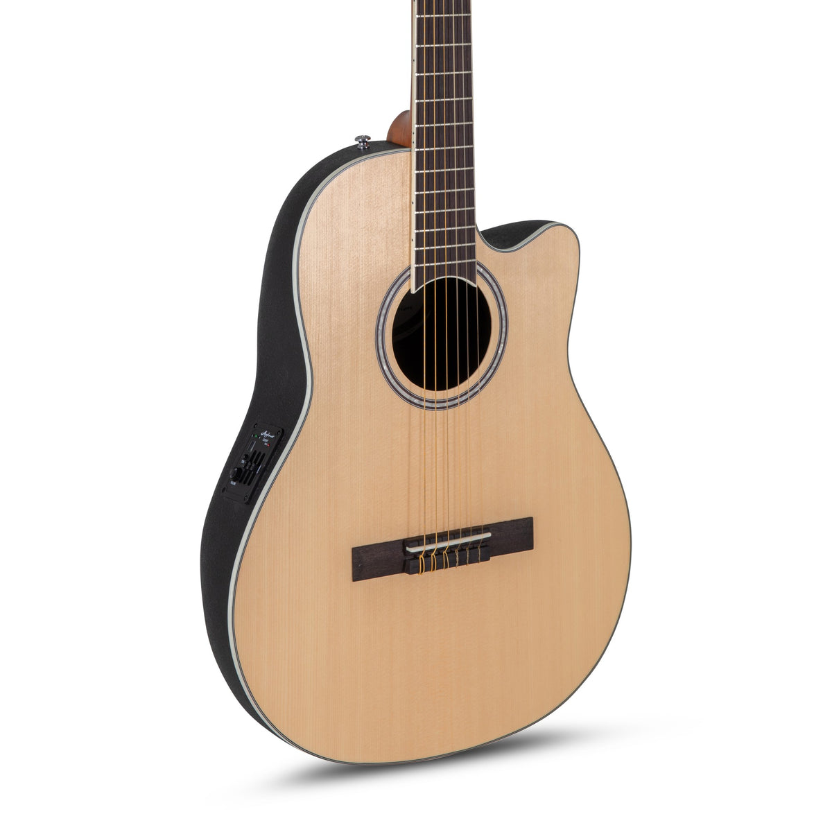 Body front of the Ovation Applause AB24CS-4S Natural Satin nylon-string guitar: natural spruce top, cutaway, soundhole, tie bridge and some fretboard