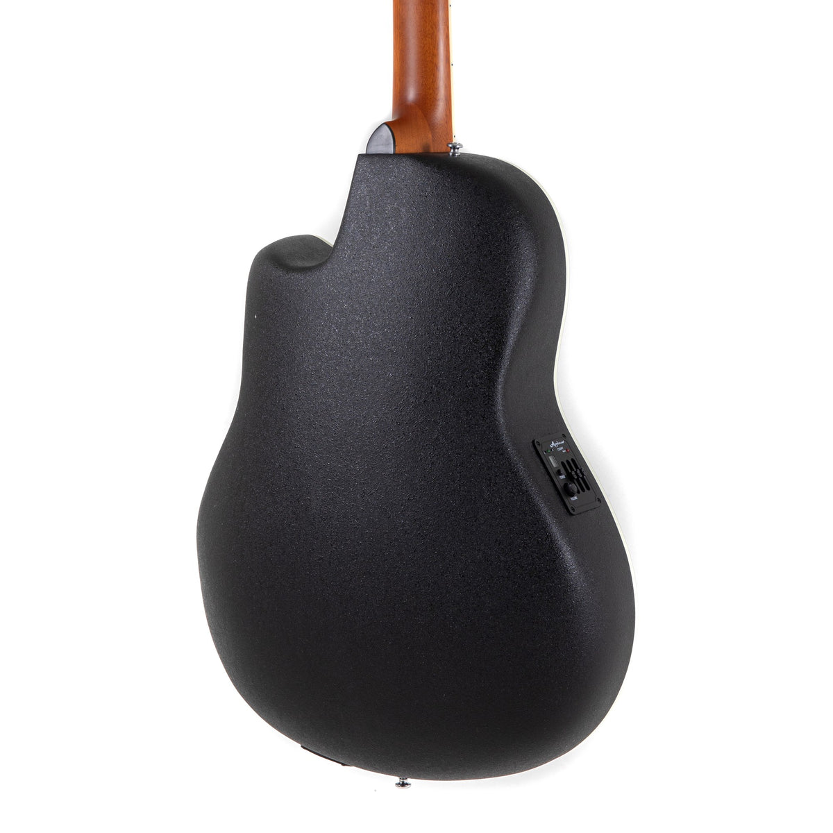 Body back of the Ovation Applause AB24CS-4S Natural Satin nylon-string guitar: black roundback bowl and the base of the neck