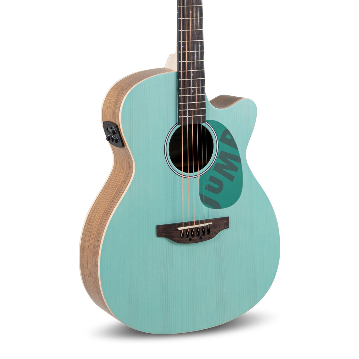 Body front of the Ovation Applause Jump AEO-69-T Celeste guitar: celeste solid spruce top, cutaway, Jump pickguard, bridge and some fretboard