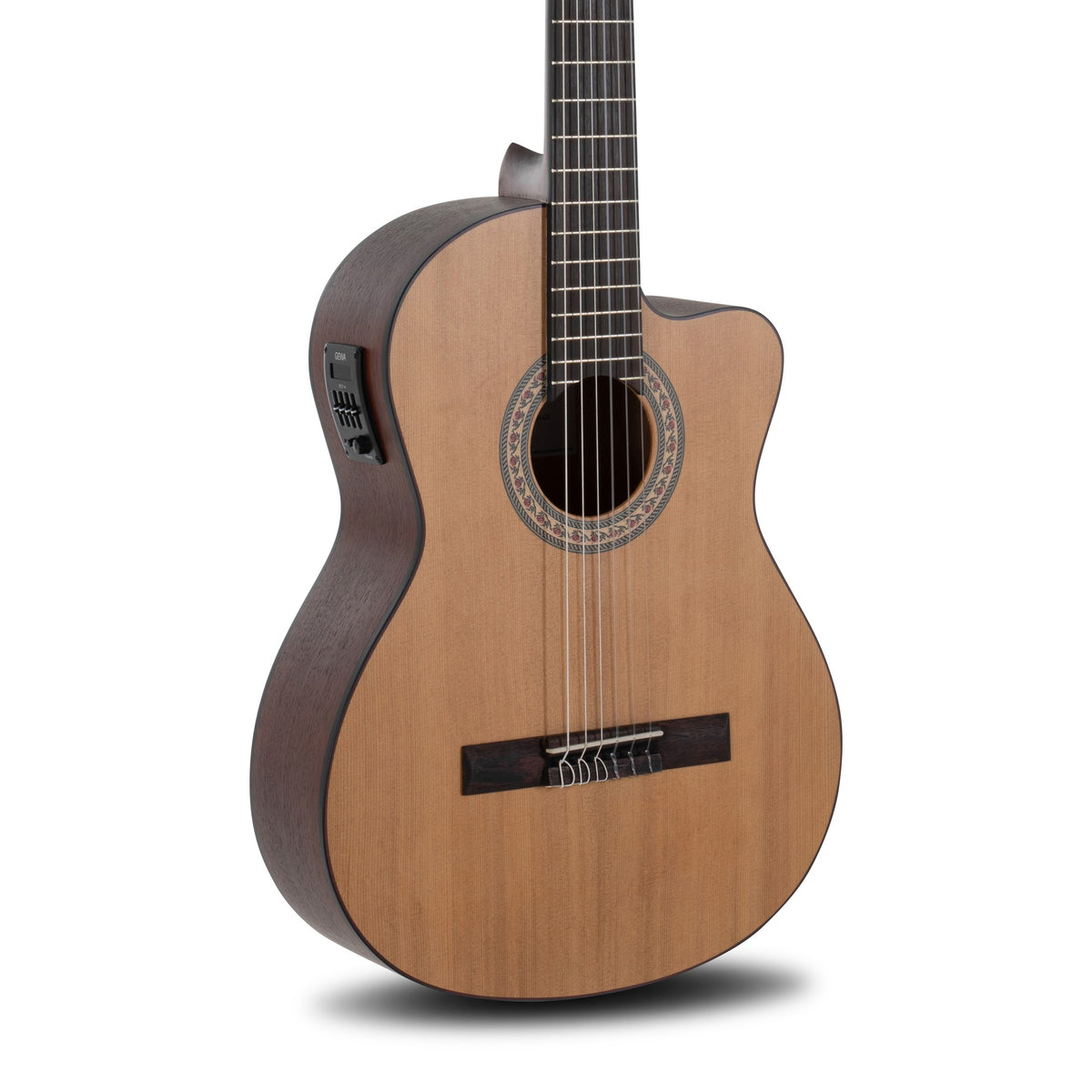 Body front of the Caballero by Manuel Rodriguez CA-CM 4/4 CE classical guitar: solid cedar top, cutaway, mosaic rosette, tie bridge and some fretboard