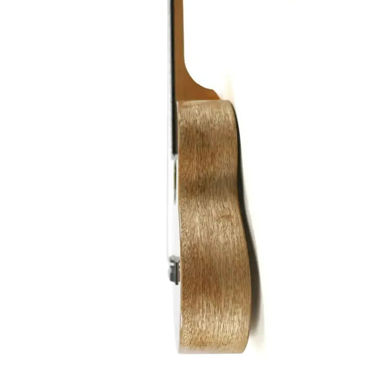 KoAloha KTM-00MG Solid Mango Tenor Ukulele, side view of the gloss mango body standing upright