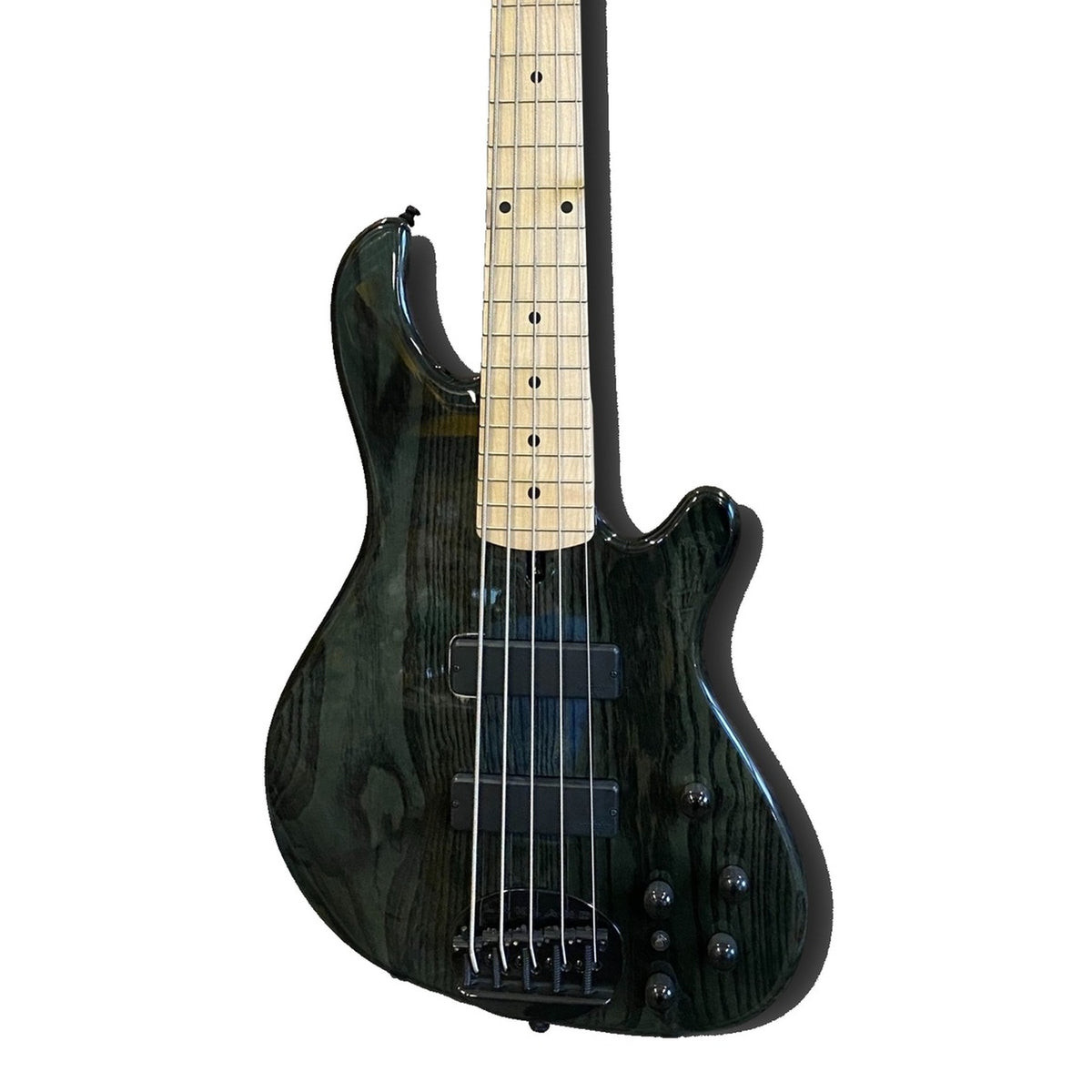 Lakland 55-OS Skyline 5-string bass body front in translucent black over ash grain, with two Bartolini soap bar pickups, black hardware and maple fingerboard