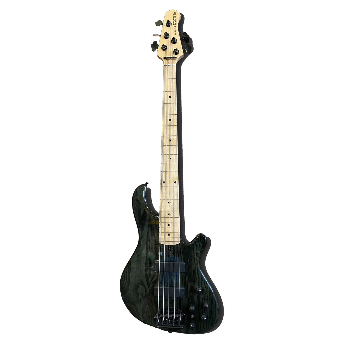 Full front view of the Lakland 55-OS Skyline 5-string bass in translucent black with maple neck and 5-tuner Lakland headstock