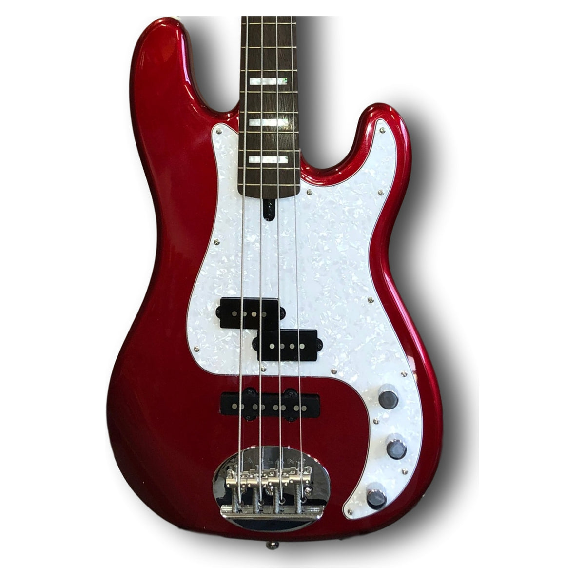 Lakland Skyline 44-64 Custom PJ body front showing the P and J pickup layout and pearl pickguard, shown in Candy Apple Red