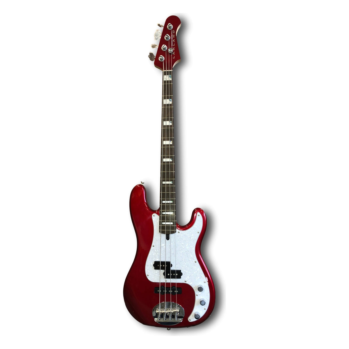 Lakland Skyline 44-64 Custom PJ body shape and P and J pickup layout, shown in Candy Apple Red