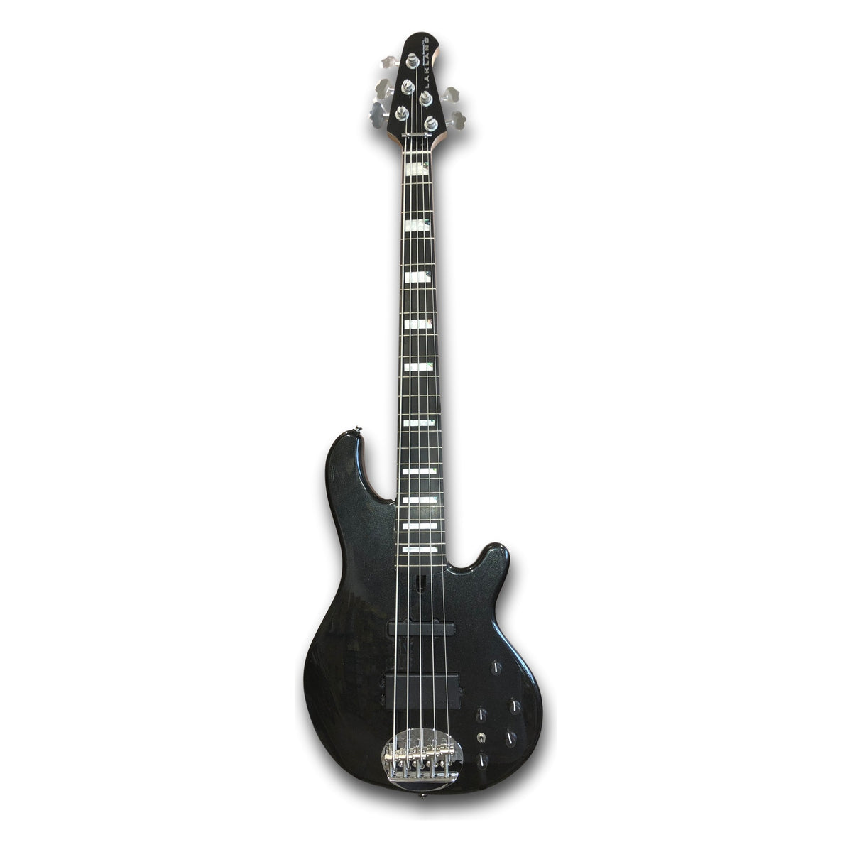 Lakland Skyline 55-02 Custom 5-string bass in Black Sparkle, full front with ebony fingerboard, pearl and abalone block inlays, matching black headstock and chrome bridge