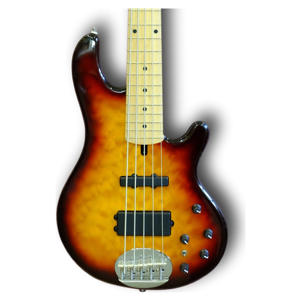 Lakland Skyline 55-02 Deluxe 5-string body front with figured maple top, MM and J pickups and maple fingerboard, shown in Honey Burst