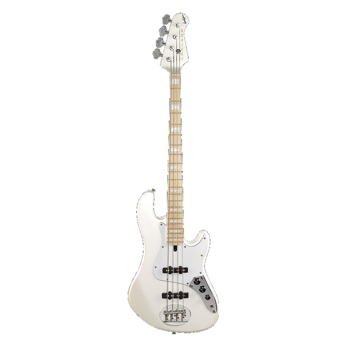 Lakland Skyline DJ-4 Darryl Jones bass with maple fingerboard and block inlays, shown in White Pearl