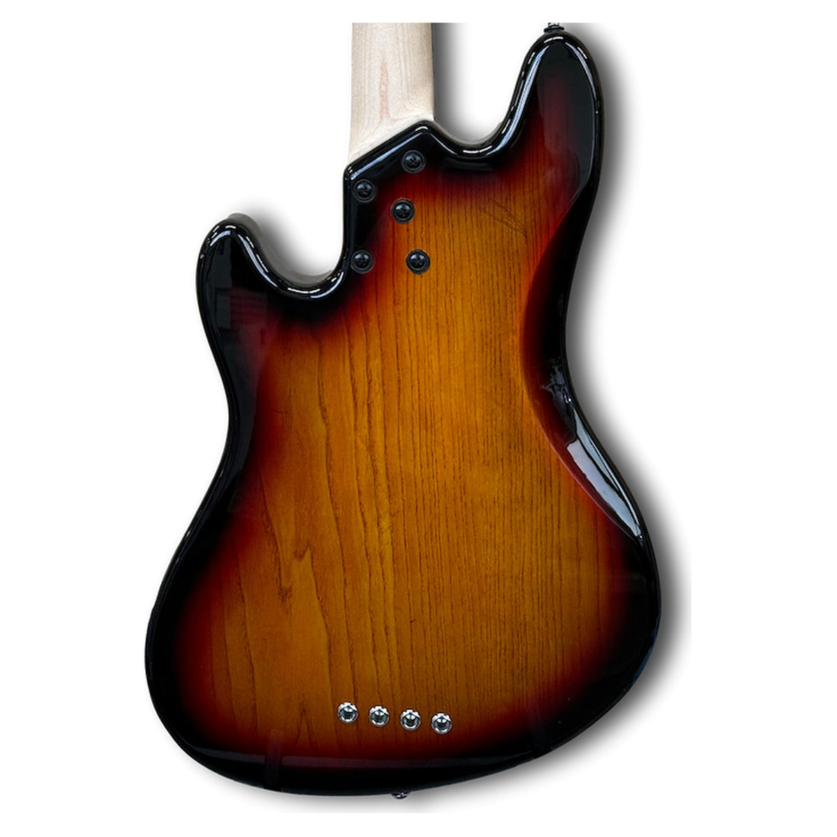 Back of the Lakland HH-30 body in 3 tone sunburst showing the ash grain, string-through ferrules and maple neck heel
