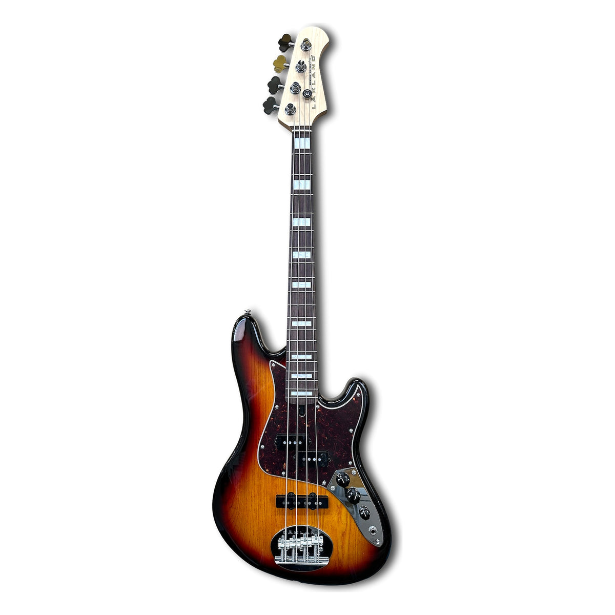 Lakland Skyline HH-30 short scale bass in 3 tone sunburst, full front with tortoise shell pickguard, rosewood fingerboard with pearl blocks and natural headstock
