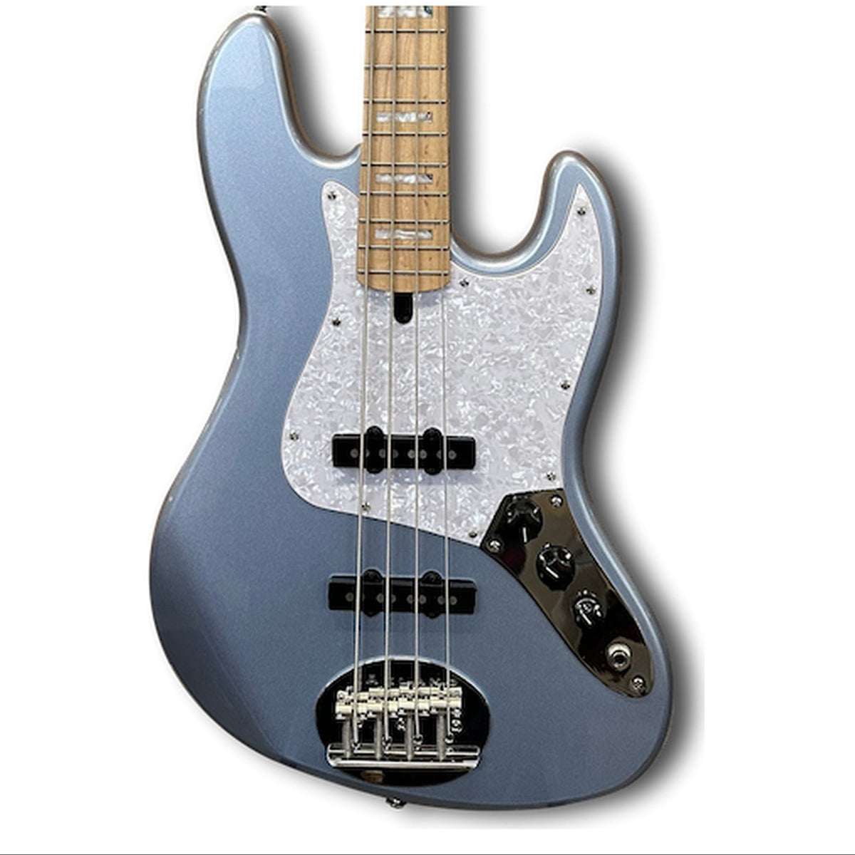 Lakland Skyline bass body front in Ice Blue Metallic with white pearl pickguard and maple fingerboard with pearl and abalone blocks, shown for finish