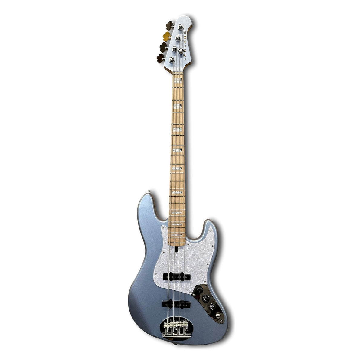 Lakland Skyline bass in Ice Blue Metallic with maple fingerboard, pearl and abalone block inlays, white pearl pickguard and matching headstock, shown for finish