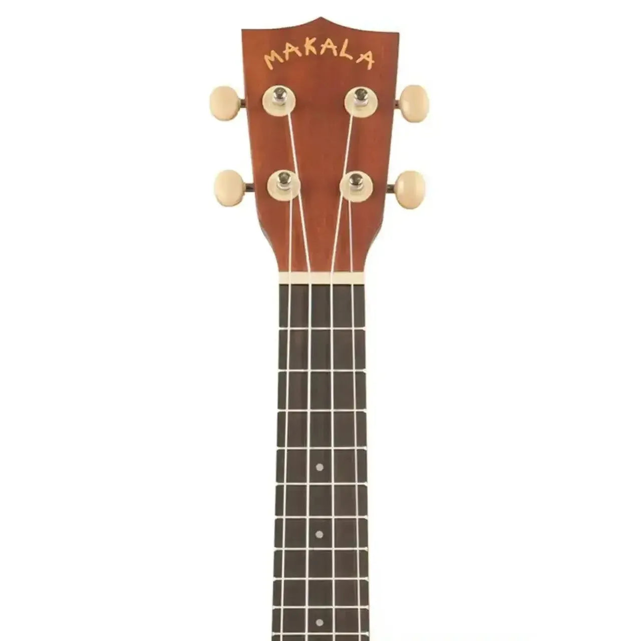 Makala MK-P Mahogany Pineapple Soprano Ukulele headstock with brand logo, tuning pegs, and rosewood fingerboard.