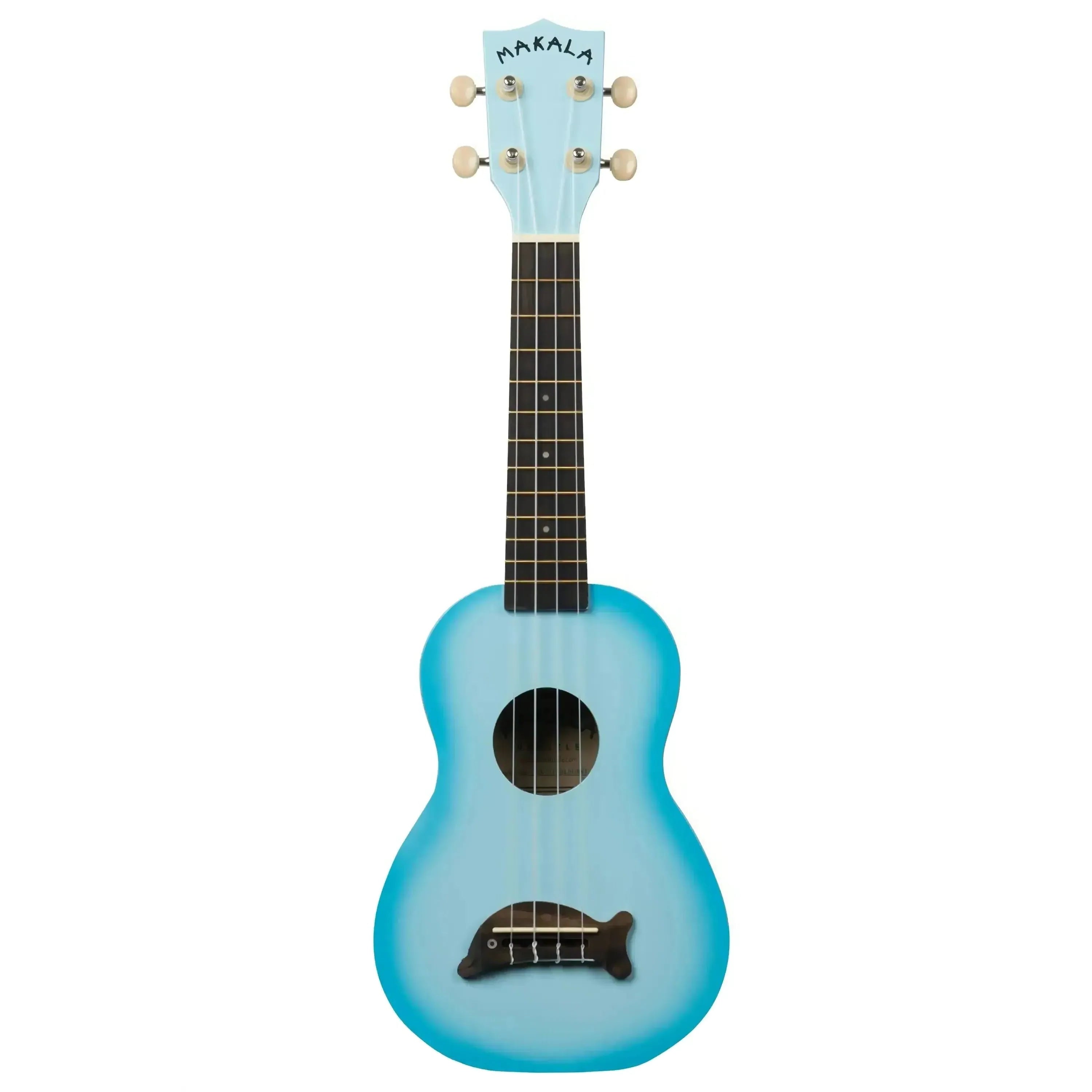 Makala Light Blue Burst Dolphin Soprano Ukulele with a unique dolphin-shaped bridge.