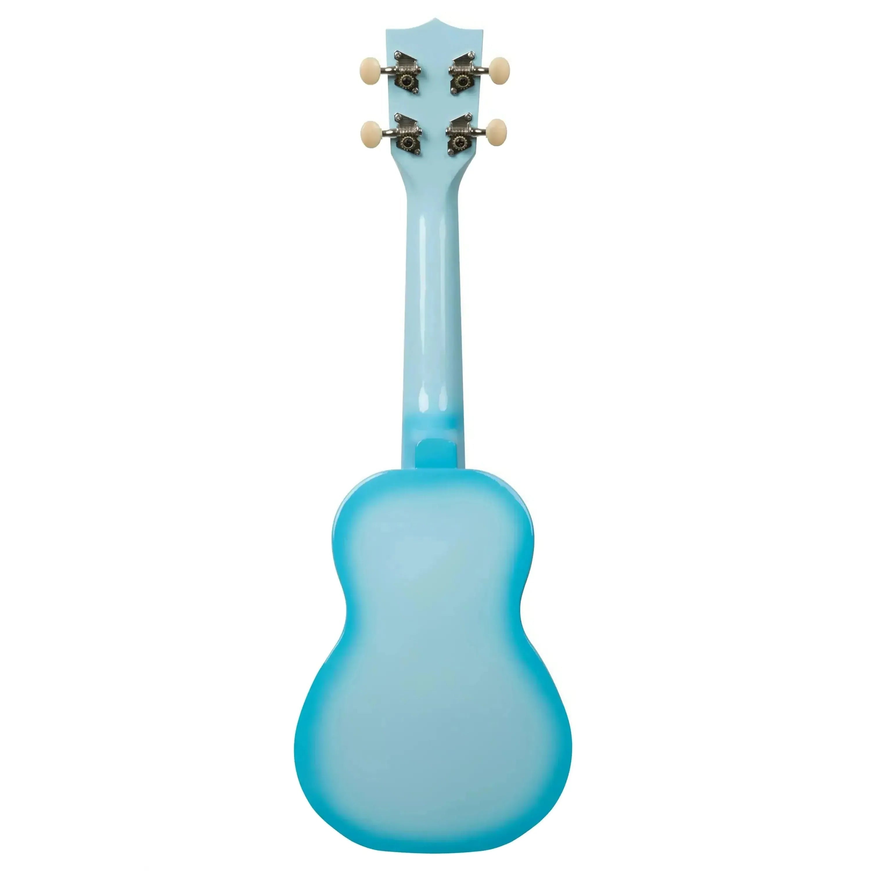 Back of a light blue burst Makala Dolphin Soprano Ukulele with a glossy finish and standard headstock.